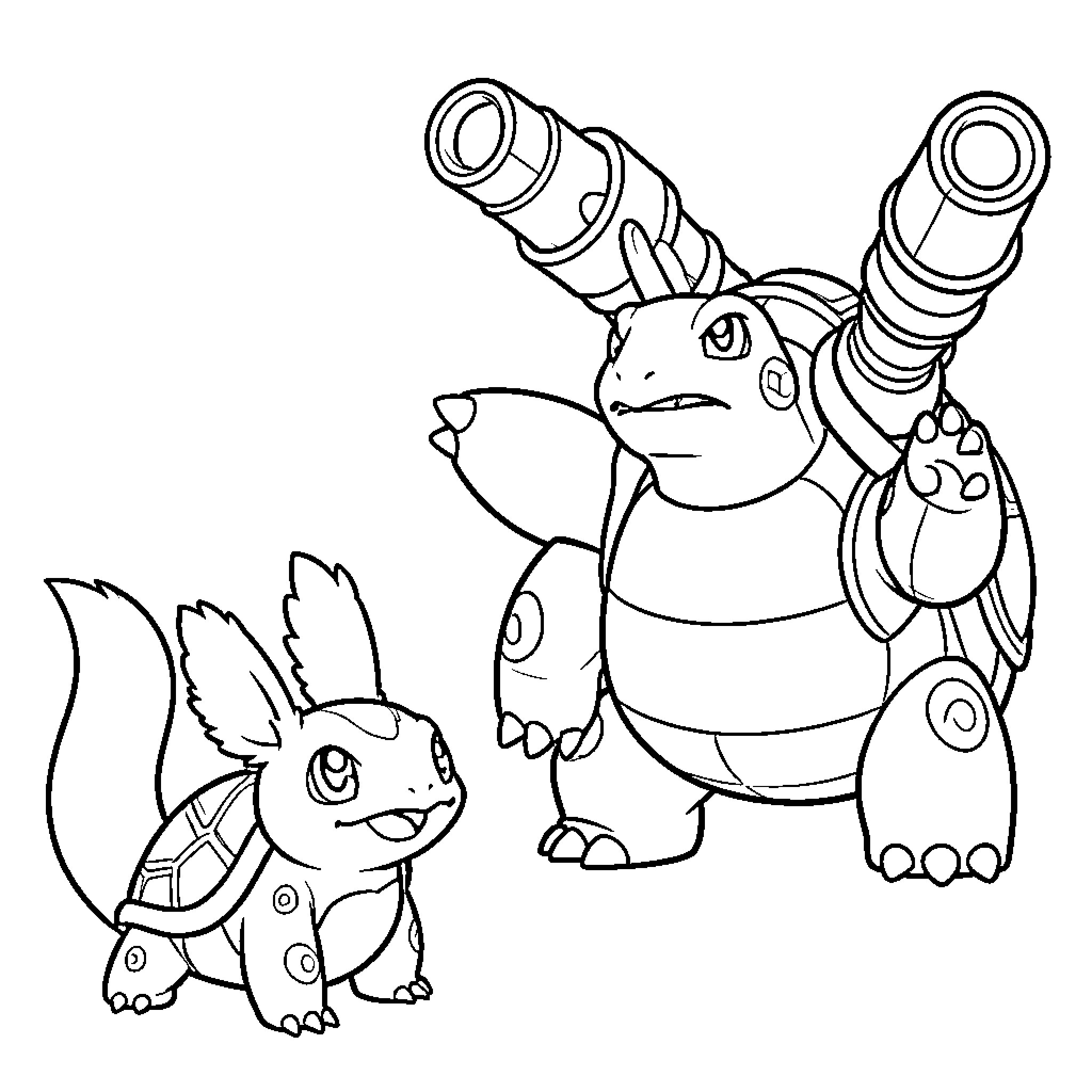 Squirtle and its Robot Companion Coloring Page (free black-and-white line drawing printable PDF for all, from beginners to advanced learners, including children, teens, adults, and seniors)
