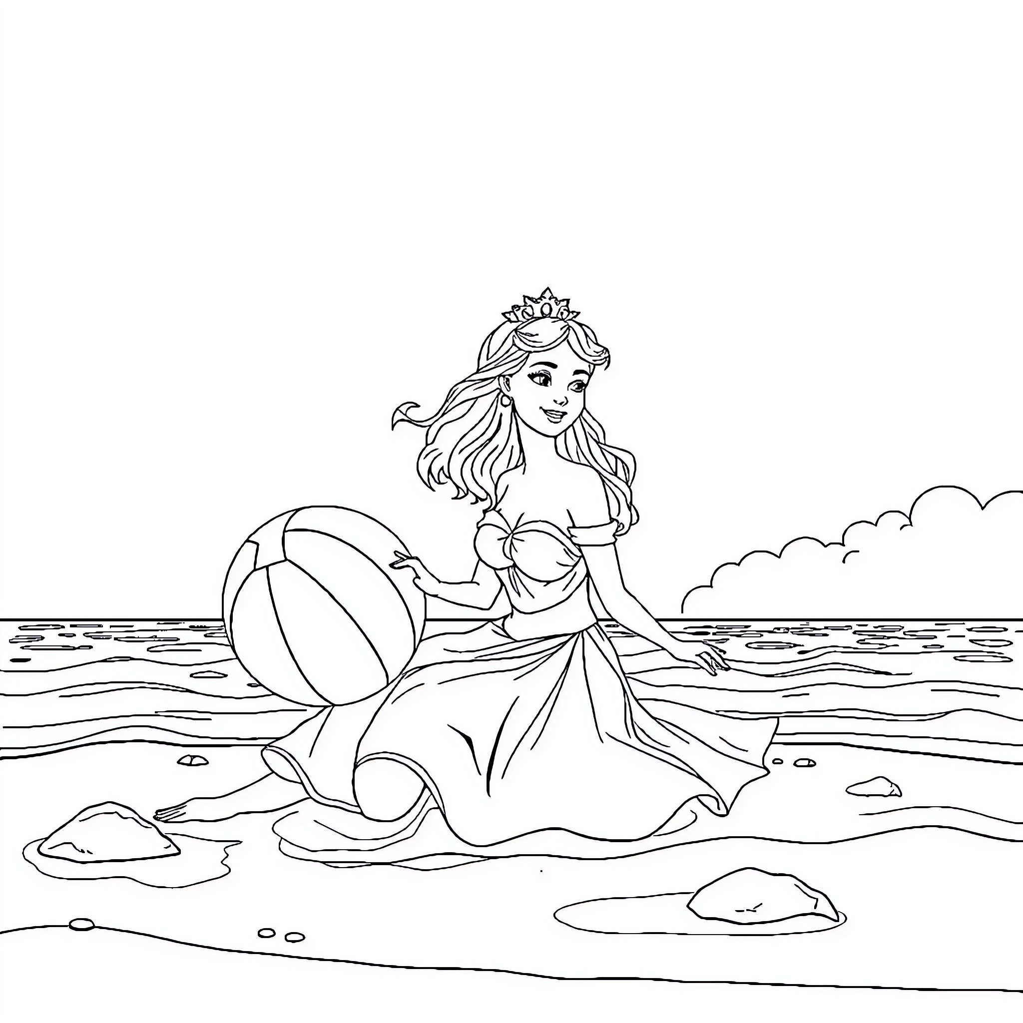 Princesa playing joyfully on the beach Coloring Page (free black-and-white line drawing printable PDF for all, from beginners to advanced learners, including children, teens, adults, and seniors)