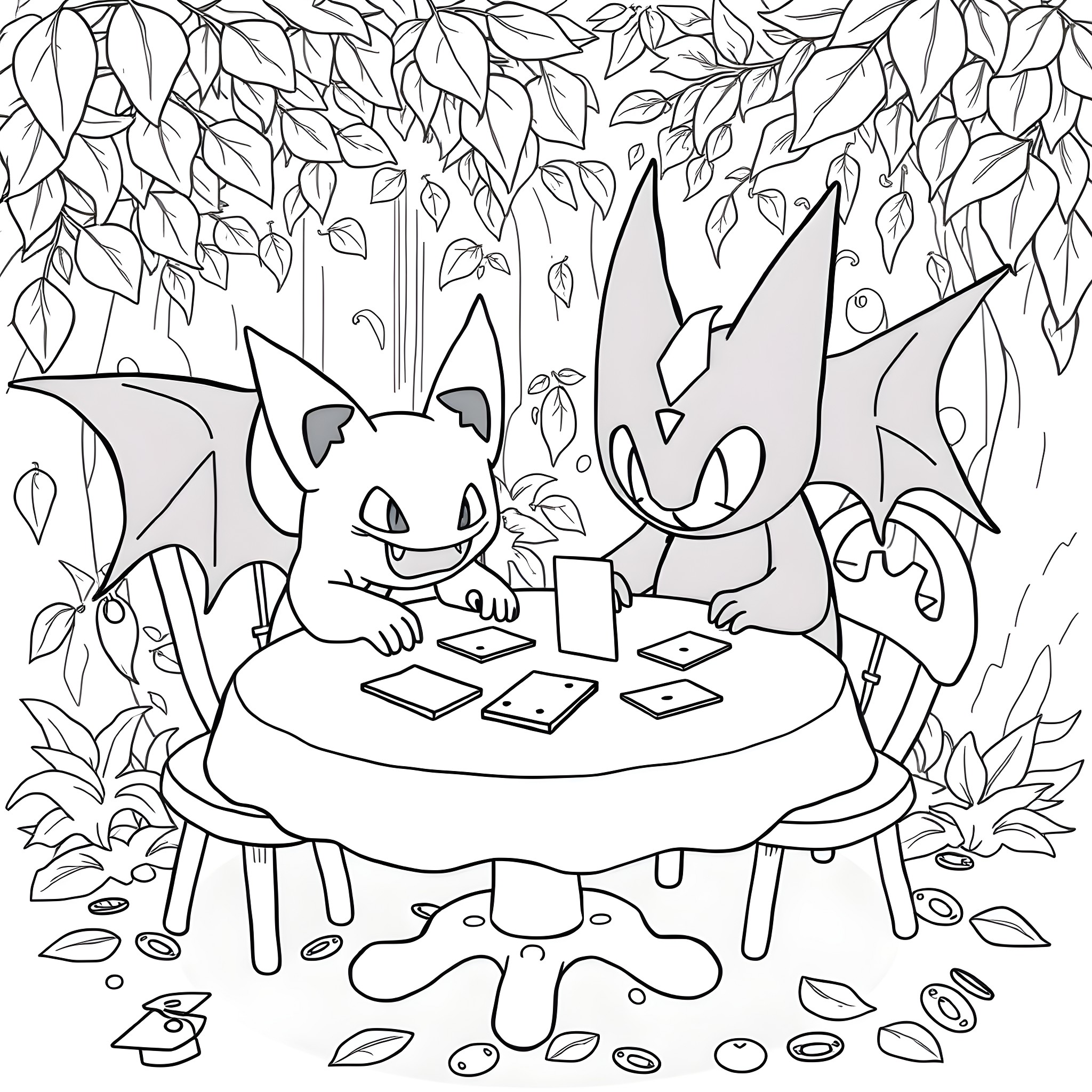 Gengar's Magical Card Game in the Enchanted Forest Coloring Page (free black-and-white line drawing printable PDF for all, from beginners to advanced learners, including children, teens, adults, and seniors)
