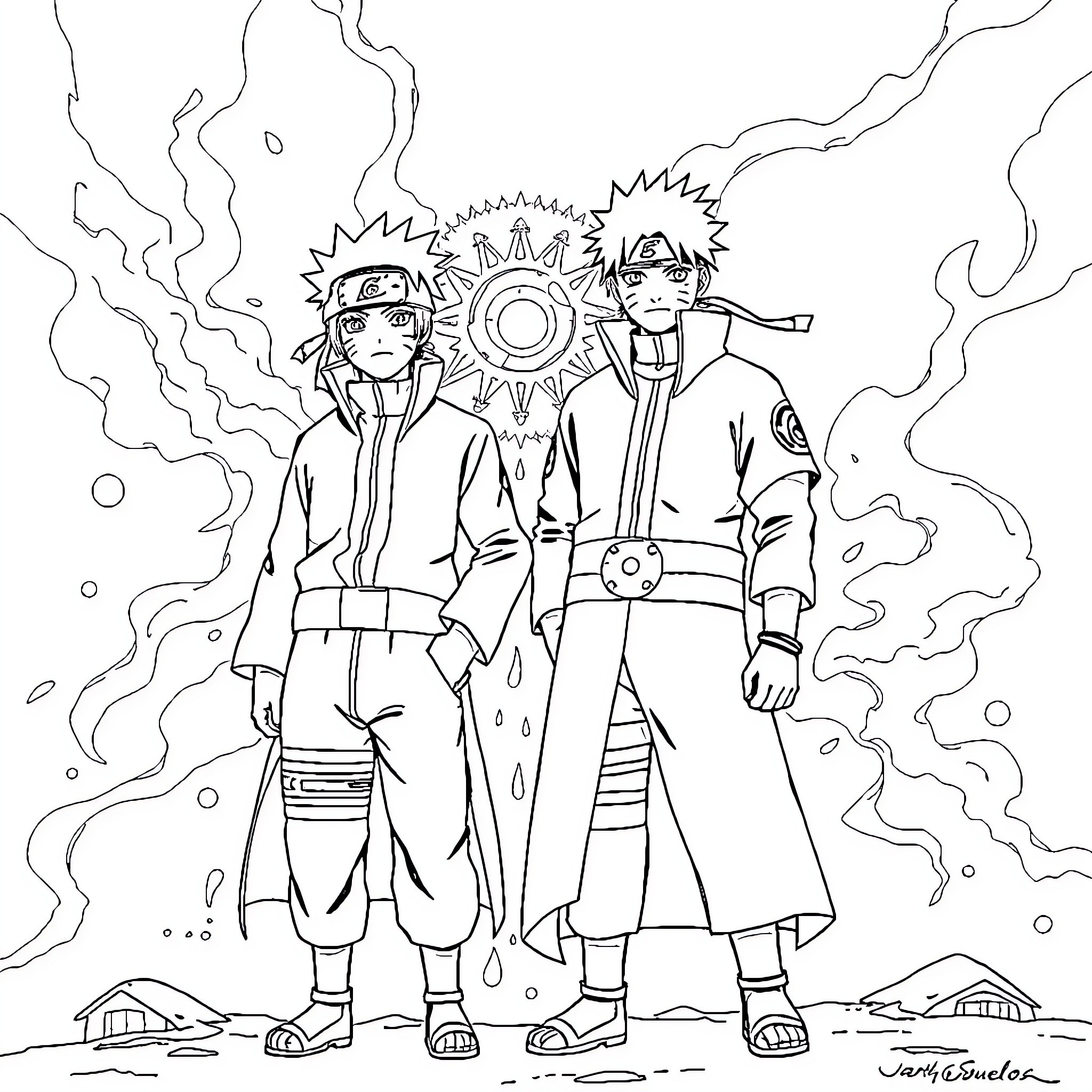 Naruto characters in an epic battle scene Coloring Page (free black-and-white line drawing printable PDF for all, from beginners to advanced learners, including children, teens, adults, and seniors)