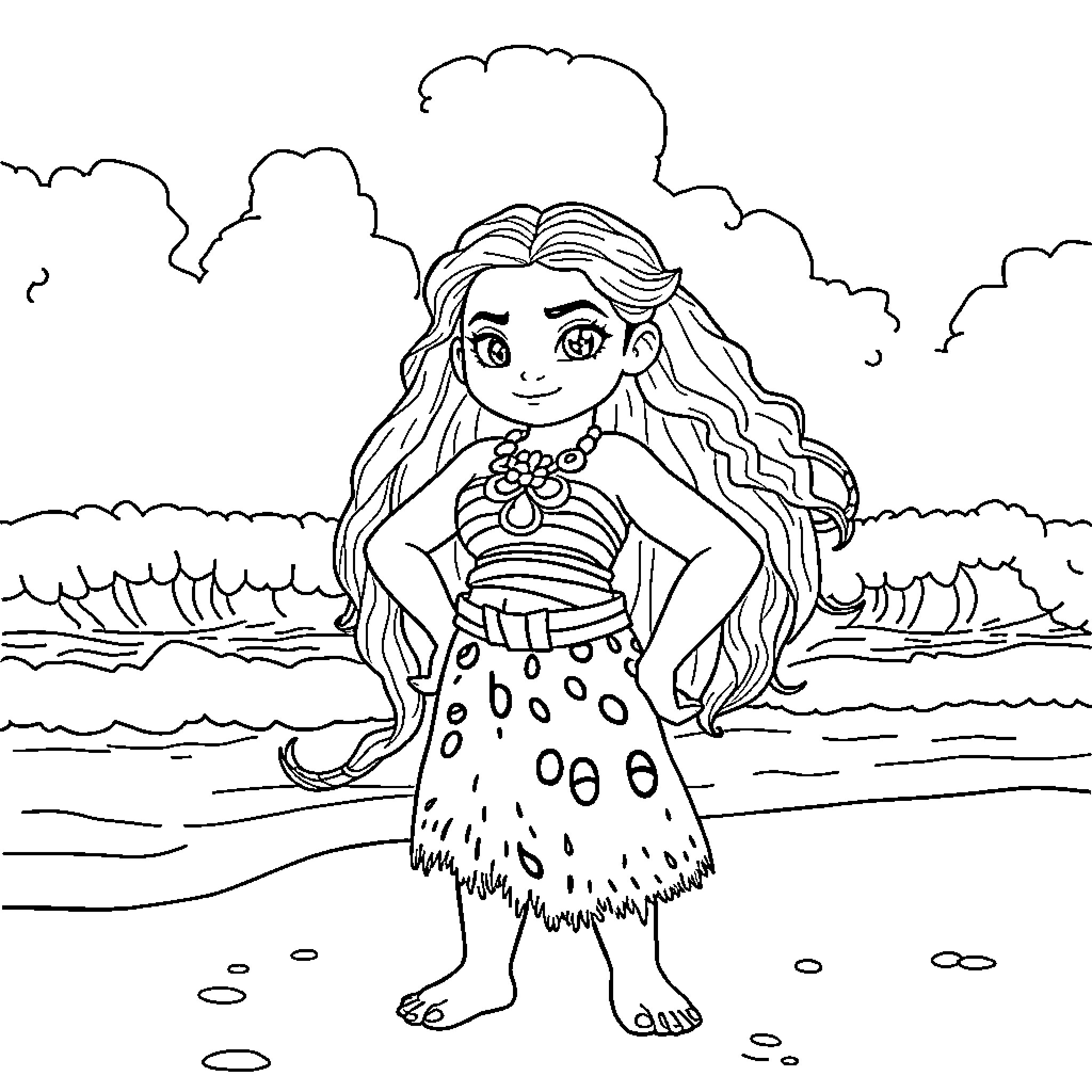 Moana standing confidently on the beach Coloring Page (free black-and-white line drawing printable PDF for all, from beginners to advanced learners, including children, teens, adults, and seniors)