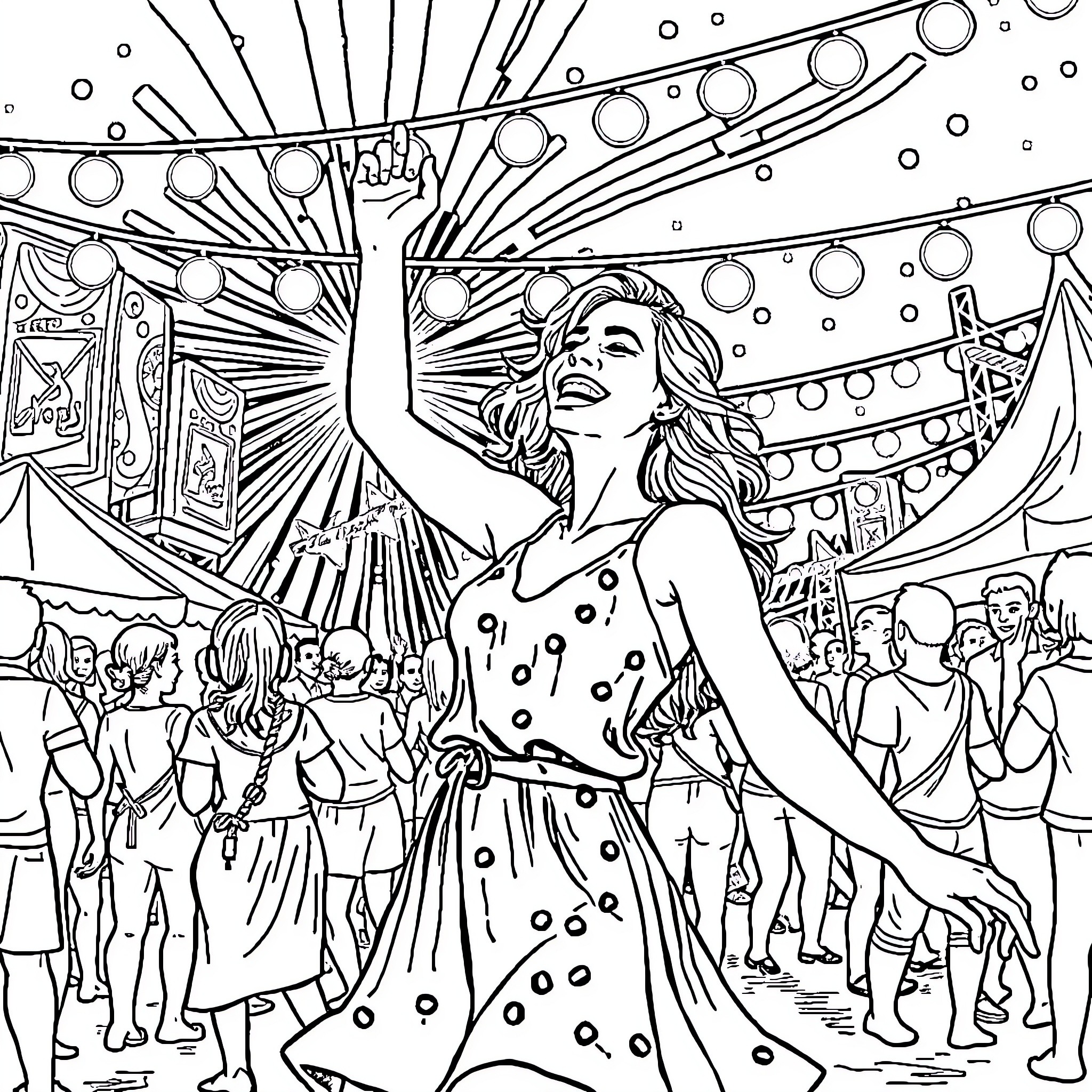 Woman celebrating joyfully at a festival Coloring Page (free black-and-white line drawing printable PDF for all, from beginners to advanced learners, including children, teens, adults, and seniors)