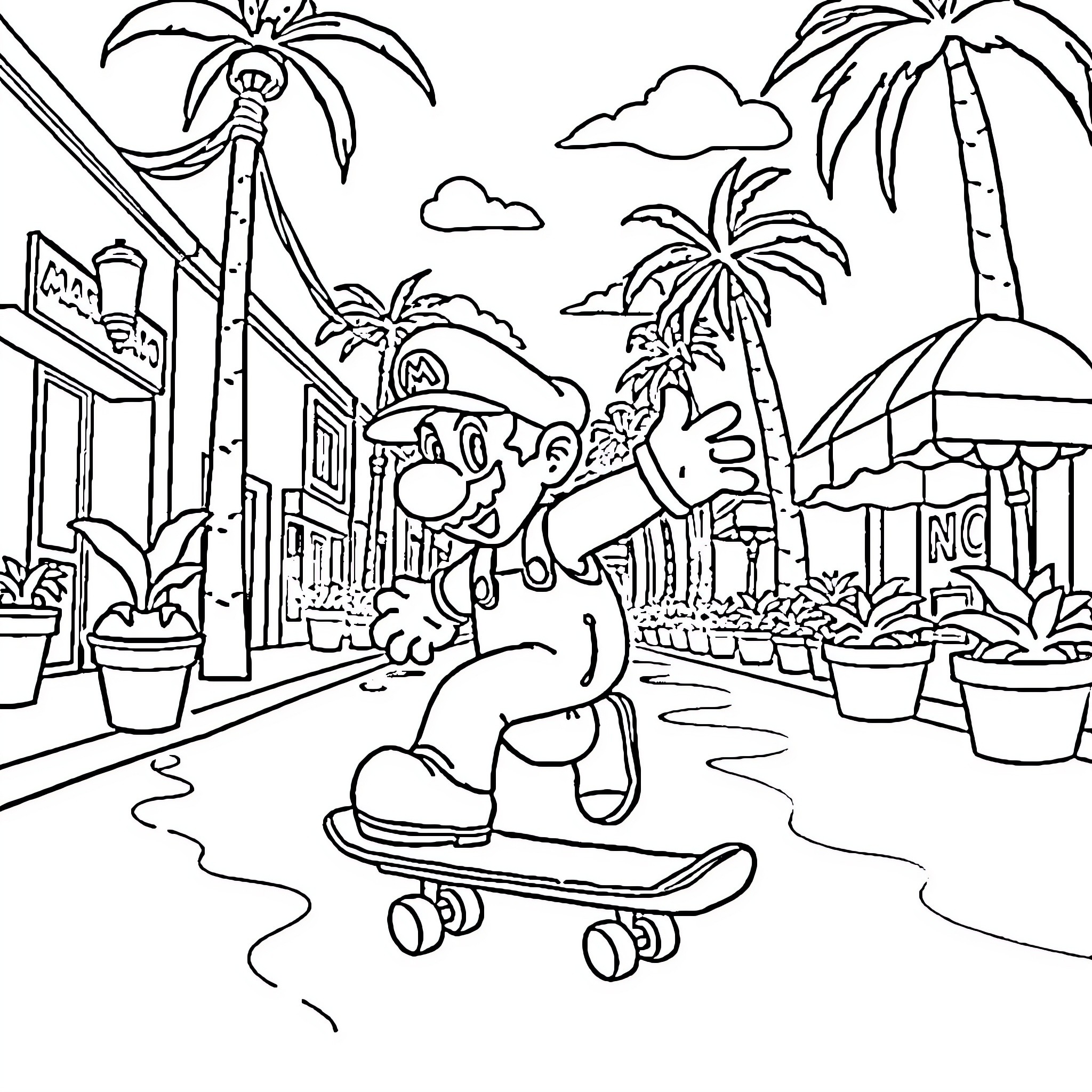 Mario skateboarding in a tropical town Coloring Page (free black-and-white line drawing printable PDF for all, from beginners to advanced learners, including children, teens, adults, and seniors)