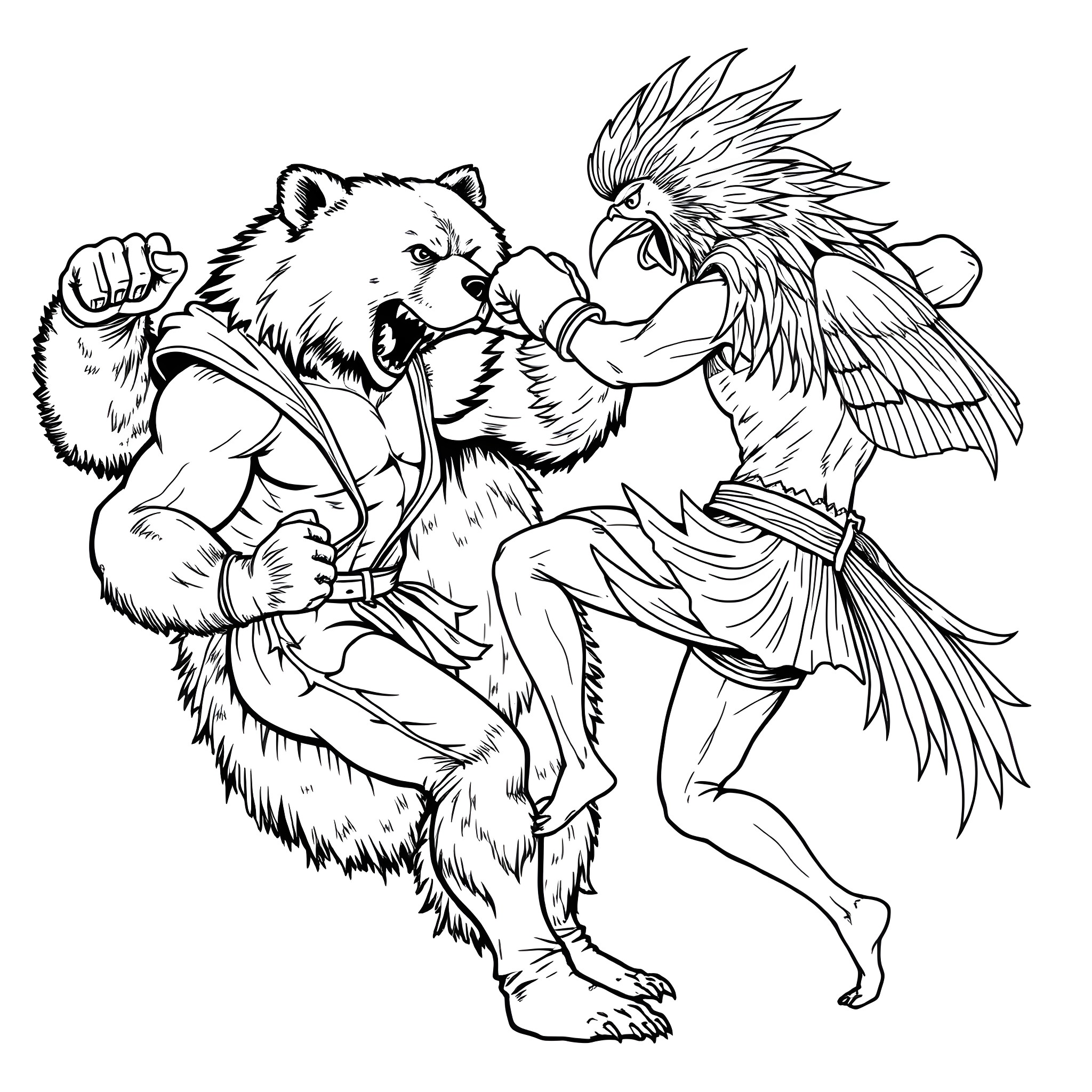 Pugilist Animal Brawl in Black and White Coloring Page (free black-and-white line drawing printable PDF for all, from beginners to advanced learners, including children, teens, adults, and seniors)