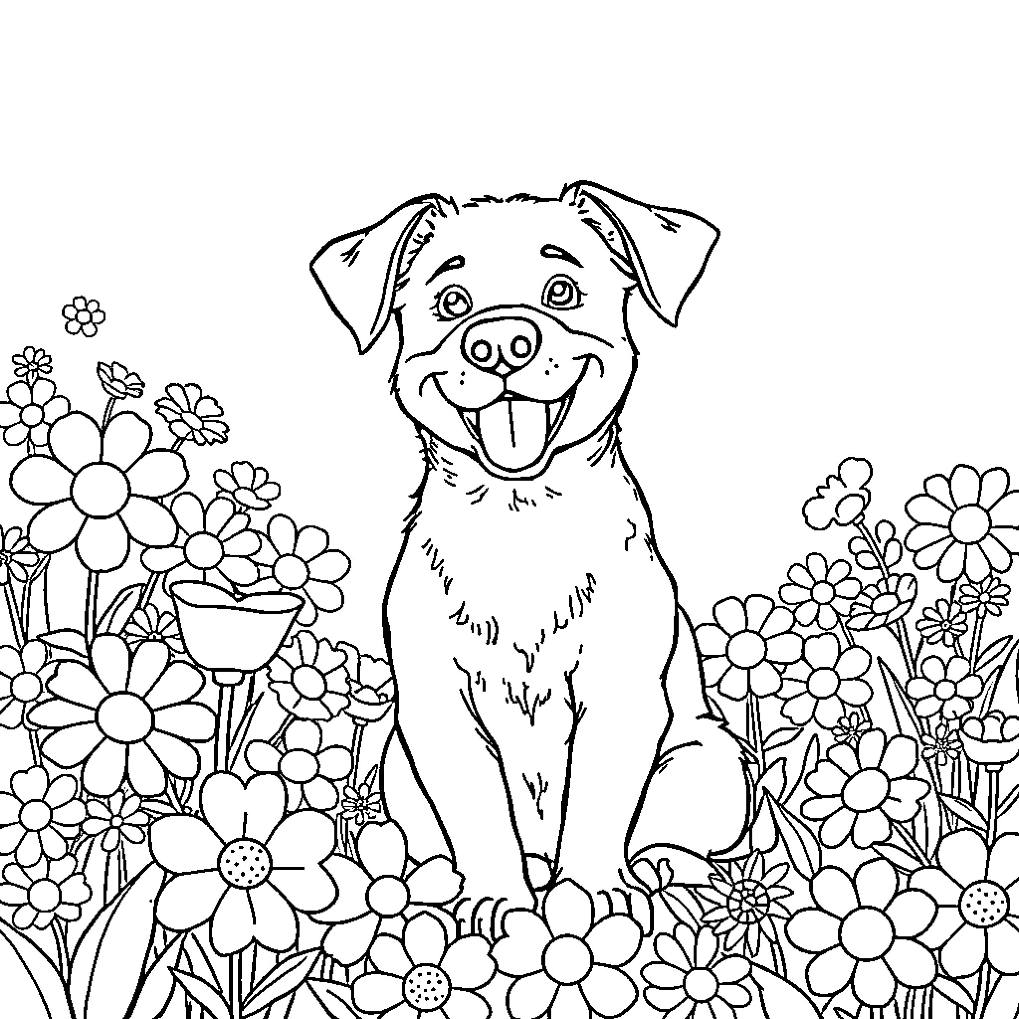 Dog sitting among colorful flowers Coloring Page (free black-and-white line drawing printable PDF for all, from beginners to advanced learners, including children, teens, adults, and seniors)