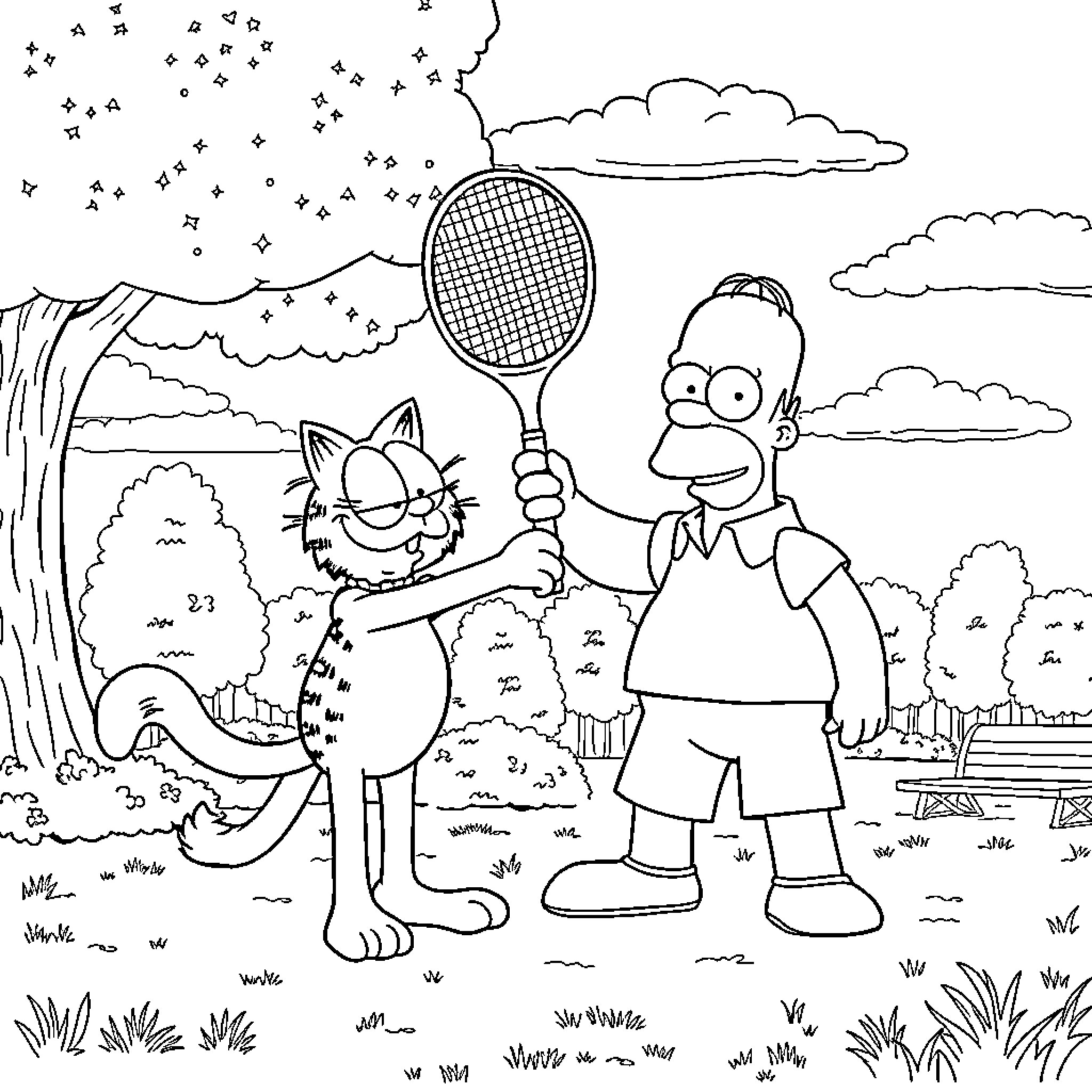 Garfield and Homer playing tennis in the park Coloring Page (free black-and-white line drawing printable PDF for all, from beginners to advanced learners, including children, teens, adults, and seniors)