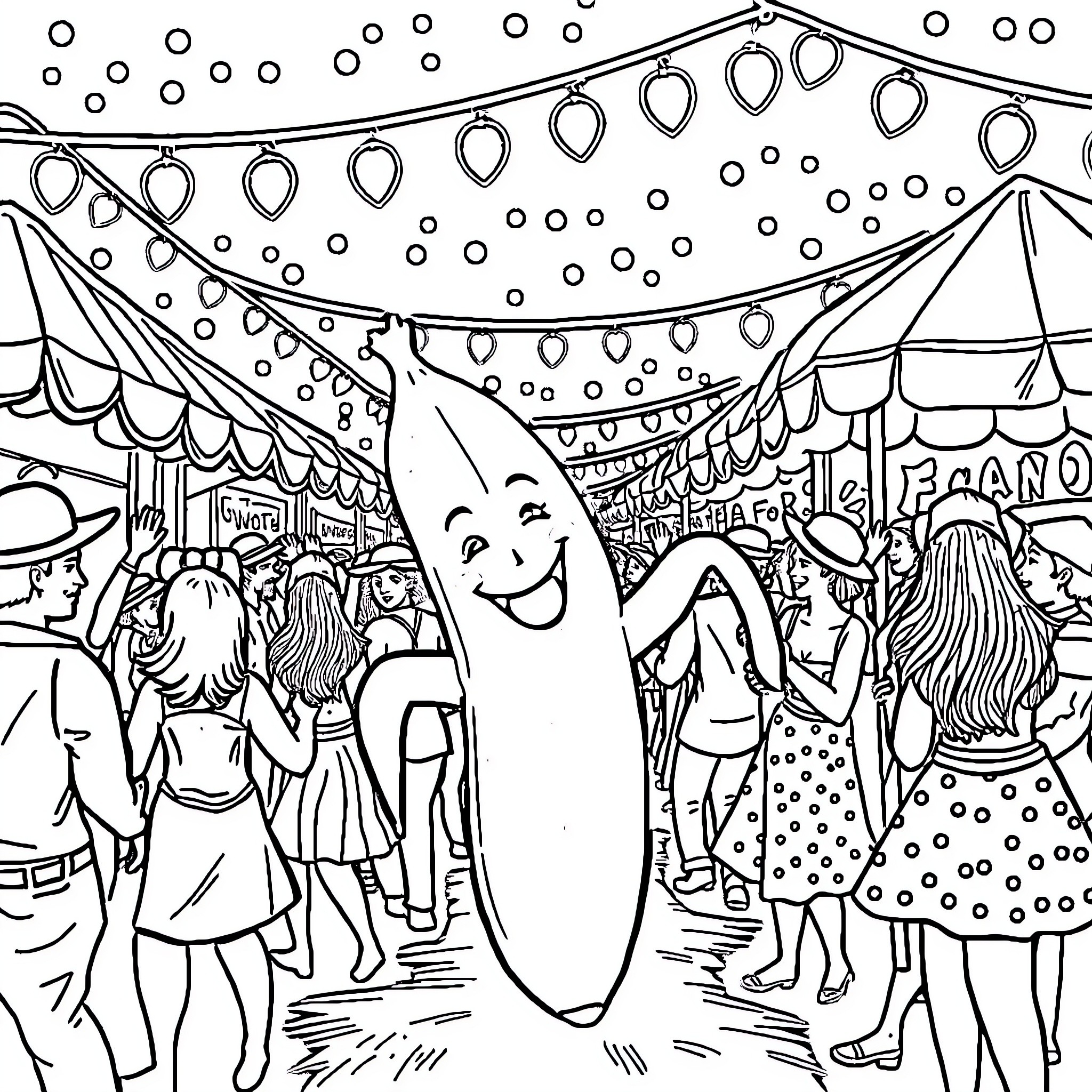 Banana festival with cheerful crowd and festive decorations Coloring Page (free black-and-white line drawing printable PDF for all, from beginners to advanced learners, including children, teens, adults, and seniors)