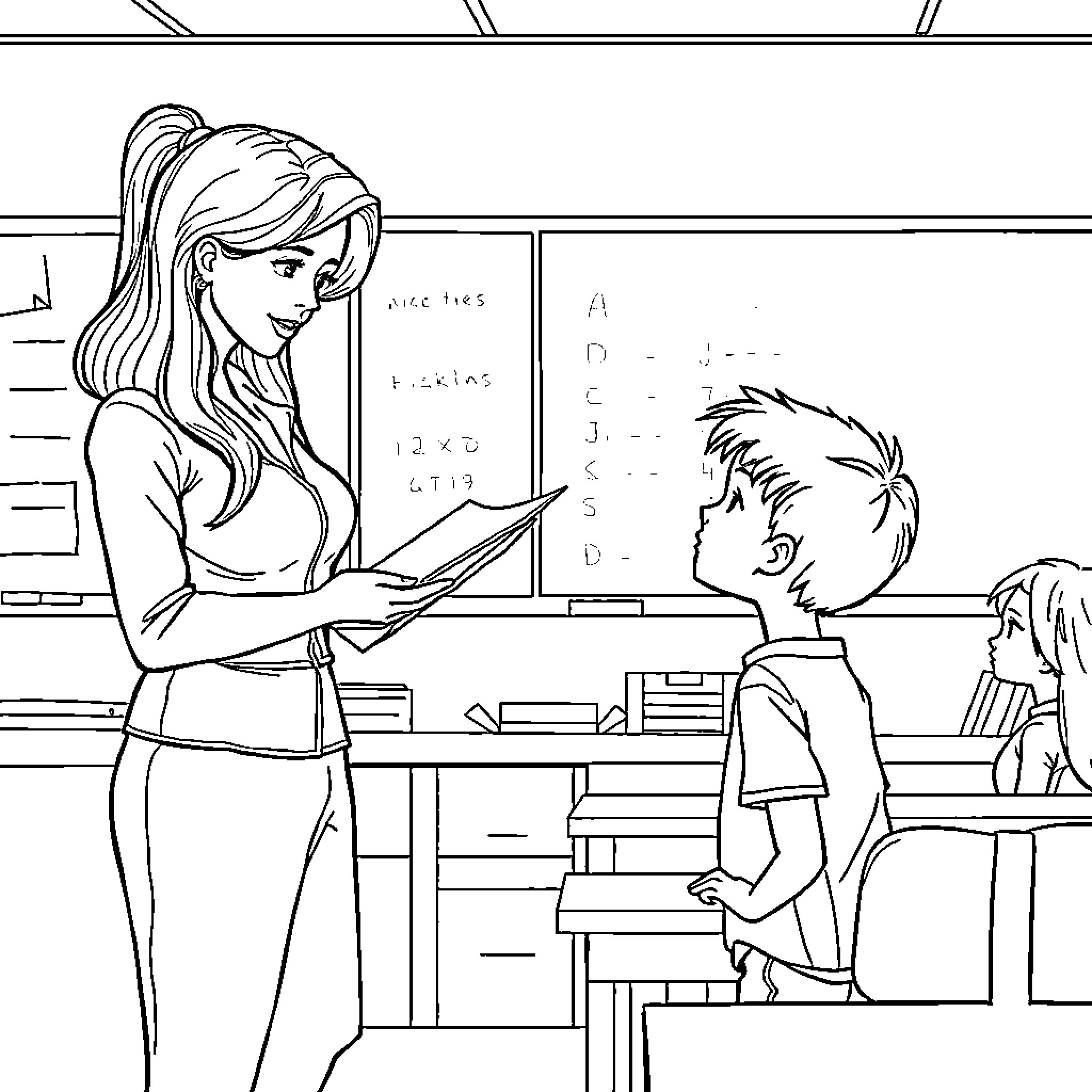 Teacher Guiding Students in Classroom Learning Coloring Page (free black-and-white line drawing printable PDF for all, from beginners to advanced learners, including children, teens, adults, and seniors)