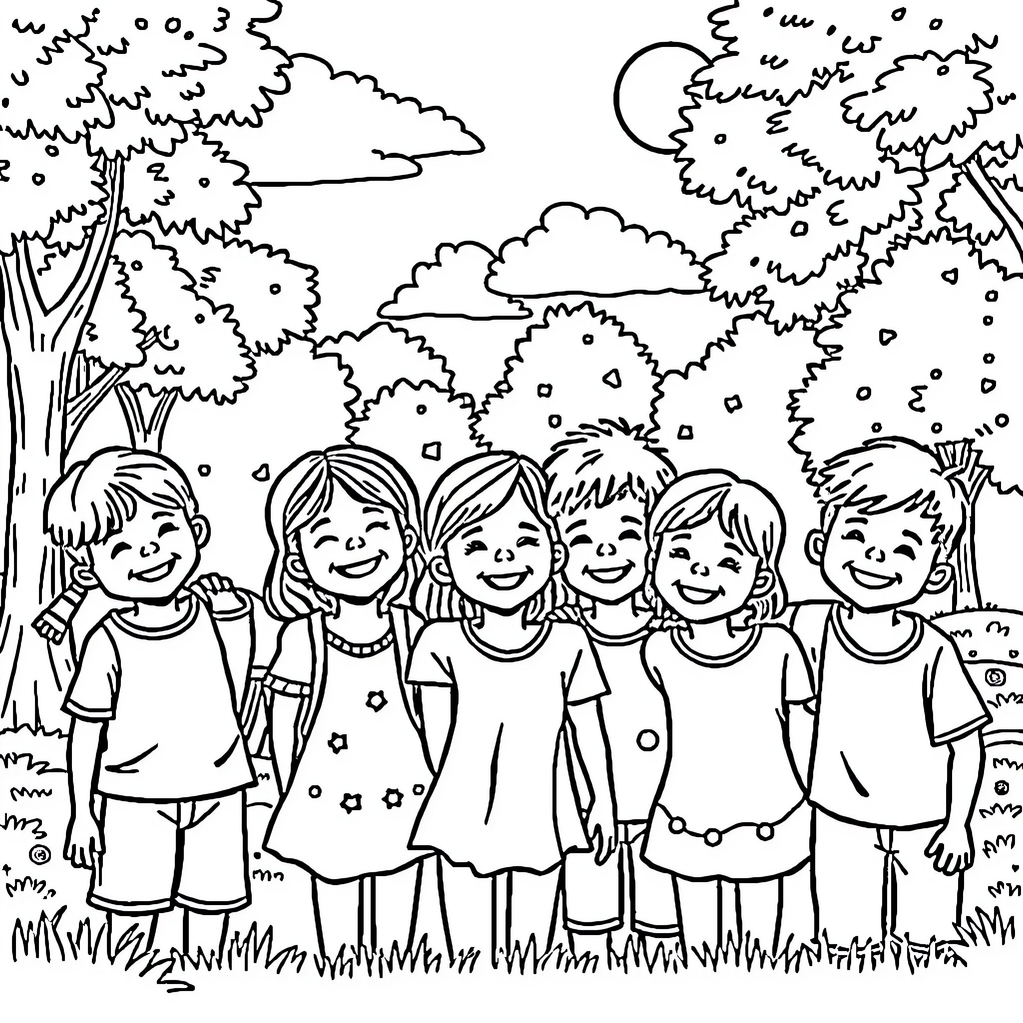 Kid friends playing outdoors in nature Coloring Page (free black-and-white line drawing printable PDF for all, from beginners to advanced learners, including children, teens, adults, and seniors)