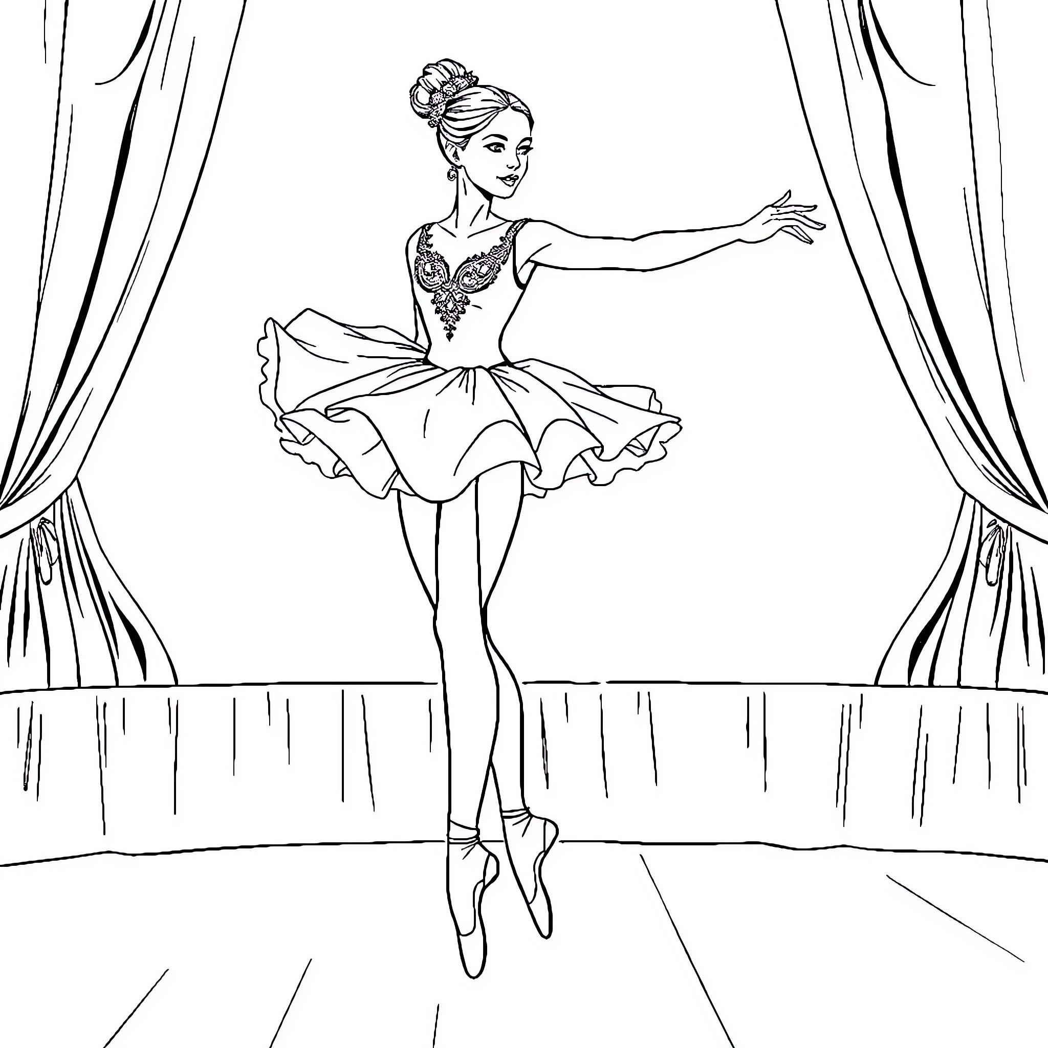 Ballerina gracefully performing on stage Coloring Page (free black-and-white line drawing printable PDF for all, from beginners to advanced learners, including children, teens, adults, and seniors)
