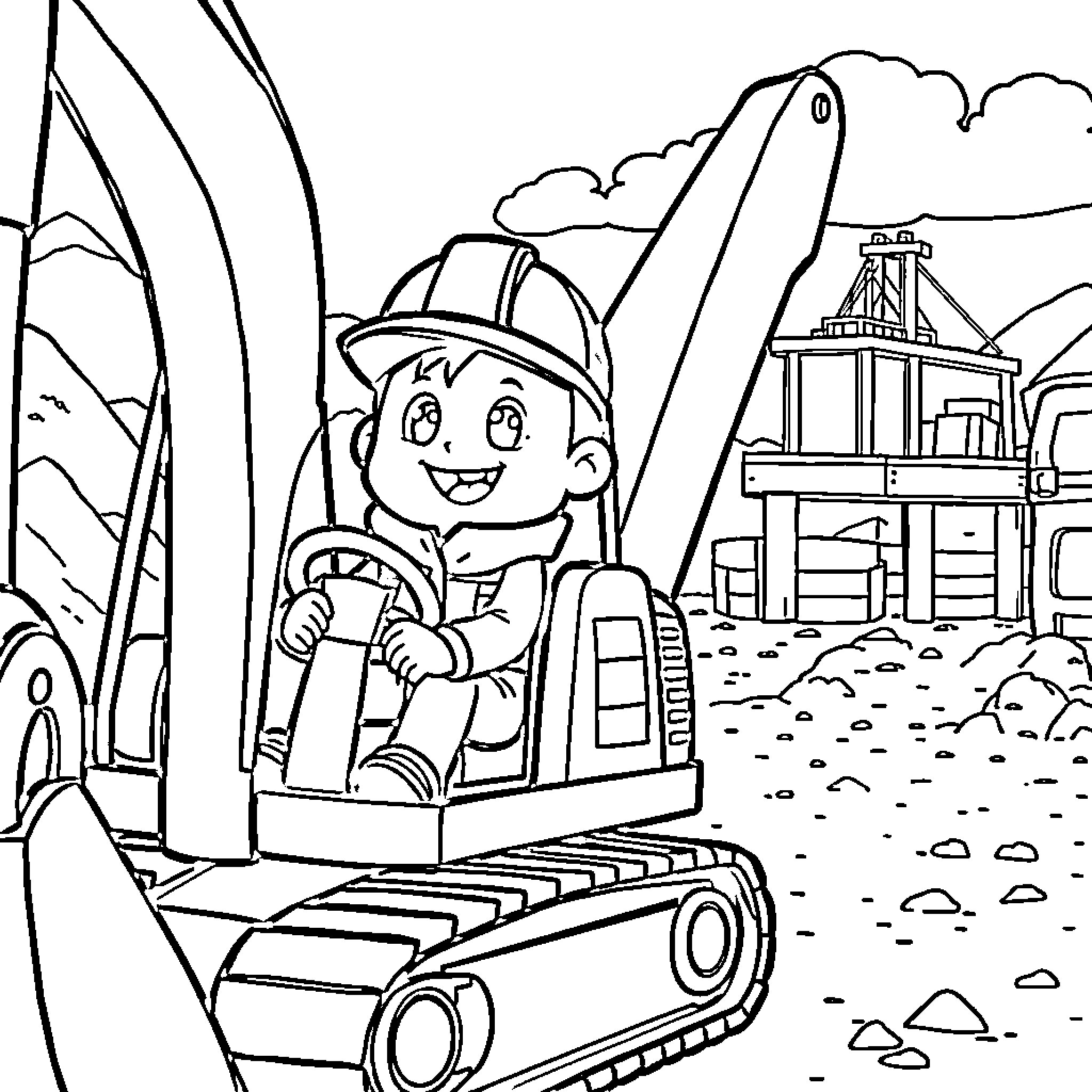 Excavator Operator Happily Working on Construction Site Coloring Page (free black-and-white line drawing printable PDF for all, from beginners to advanced learners, including children, teens, adults, and seniors)