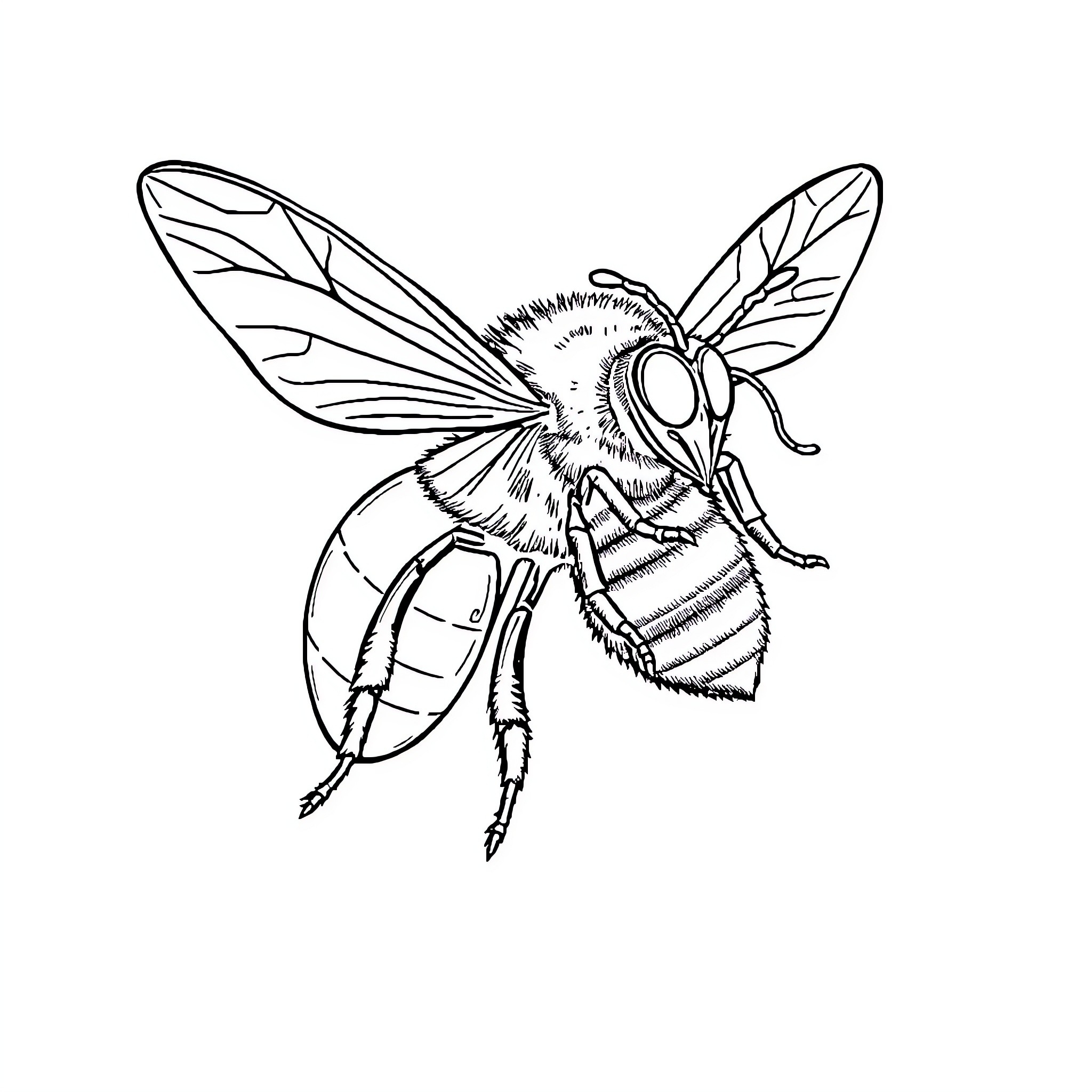 Bee in detailed black and white illustration Coloring Page (free black-and-white line drawing printable PDF for all, from beginners to advanced learners, including children, teens, adults, and seniors)