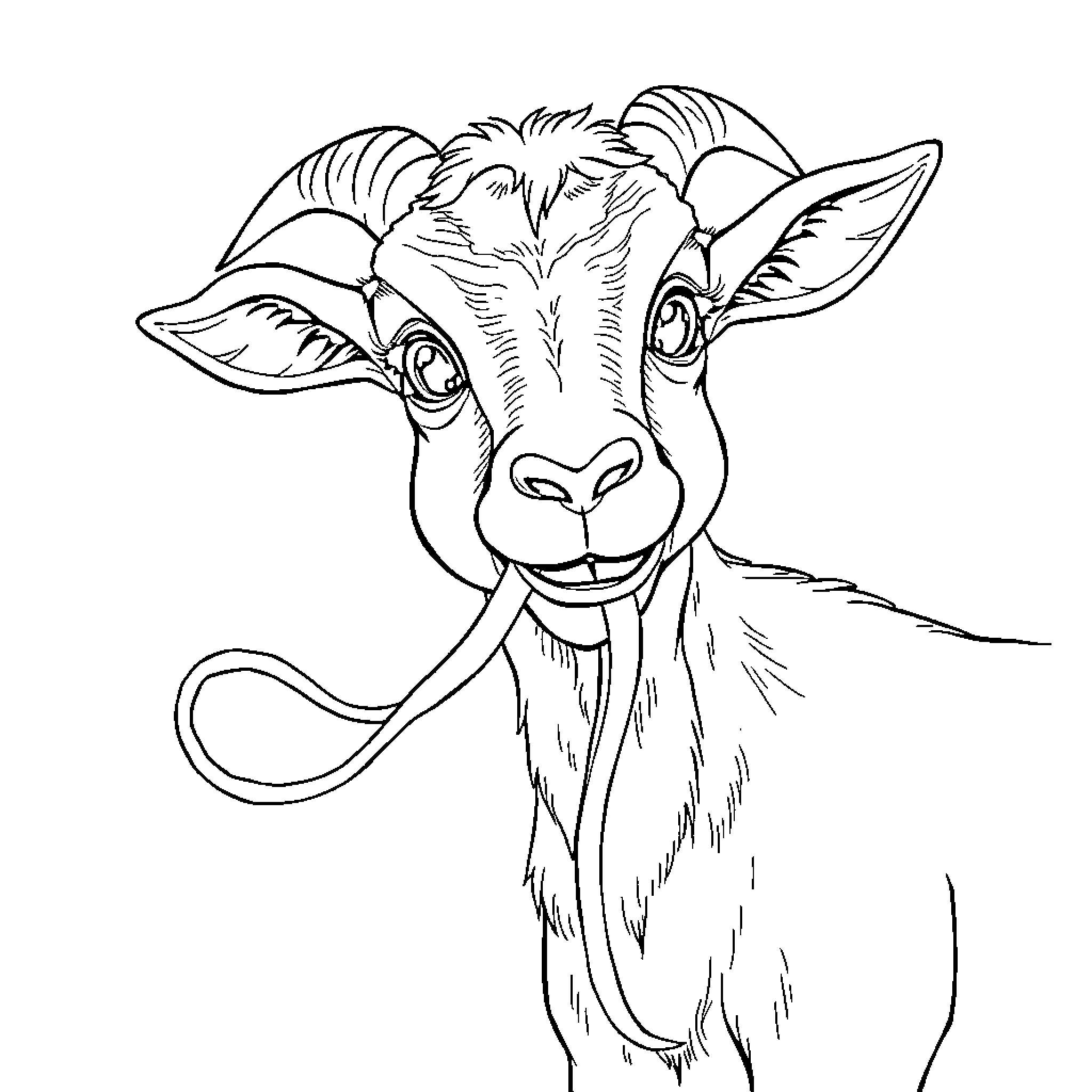 Goat smiling playfully with prominent horns Coloring Page (free black-and-white line drawing printable PDF for all, from beginners to advanced learners, including children, teens, adults, and seniors)