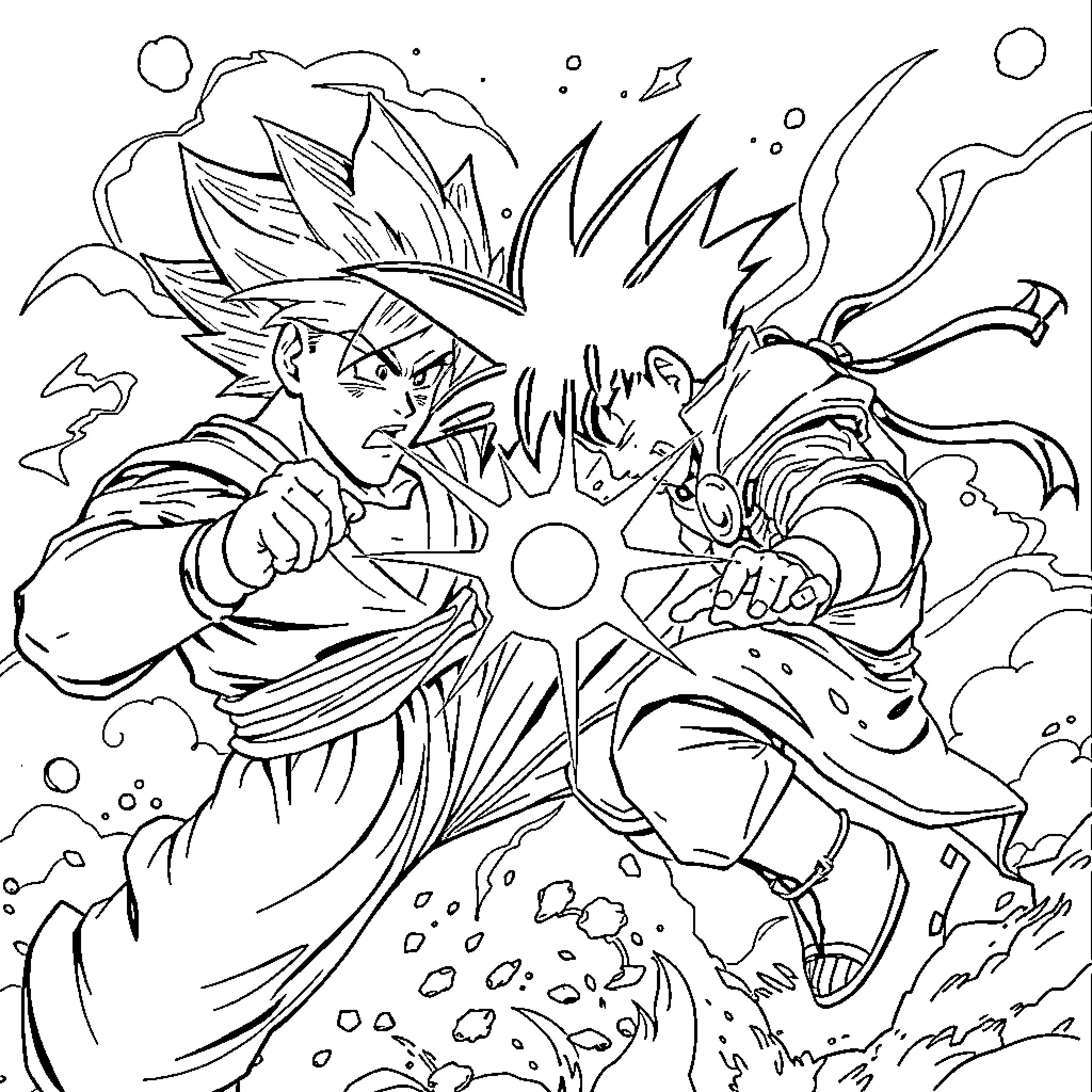 Songoku's Powerful Transformation and Attack Coloring Page (free black-and-white line drawing printable PDF for all, from beginners to advanced learners, including children, teens, adults, and seniors)