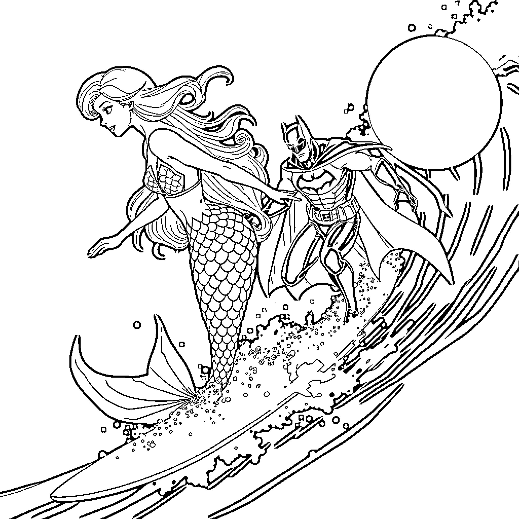 Mermaid and Batman battling underwater Coloring Page (free black-and-white line drawing printable PDF for all, from beginners to advanced learners, including children, teens, adults, and seniors)