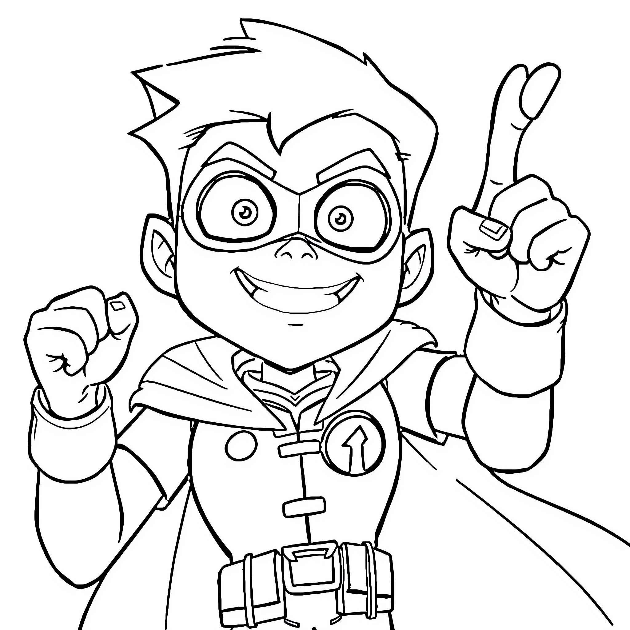 Robin's Cheerful Super Hero Pose Coloring Page (free black-and-white line drawing printable PDF for all, from beginners to advanced learners, including children, teens, adults, and seniors)