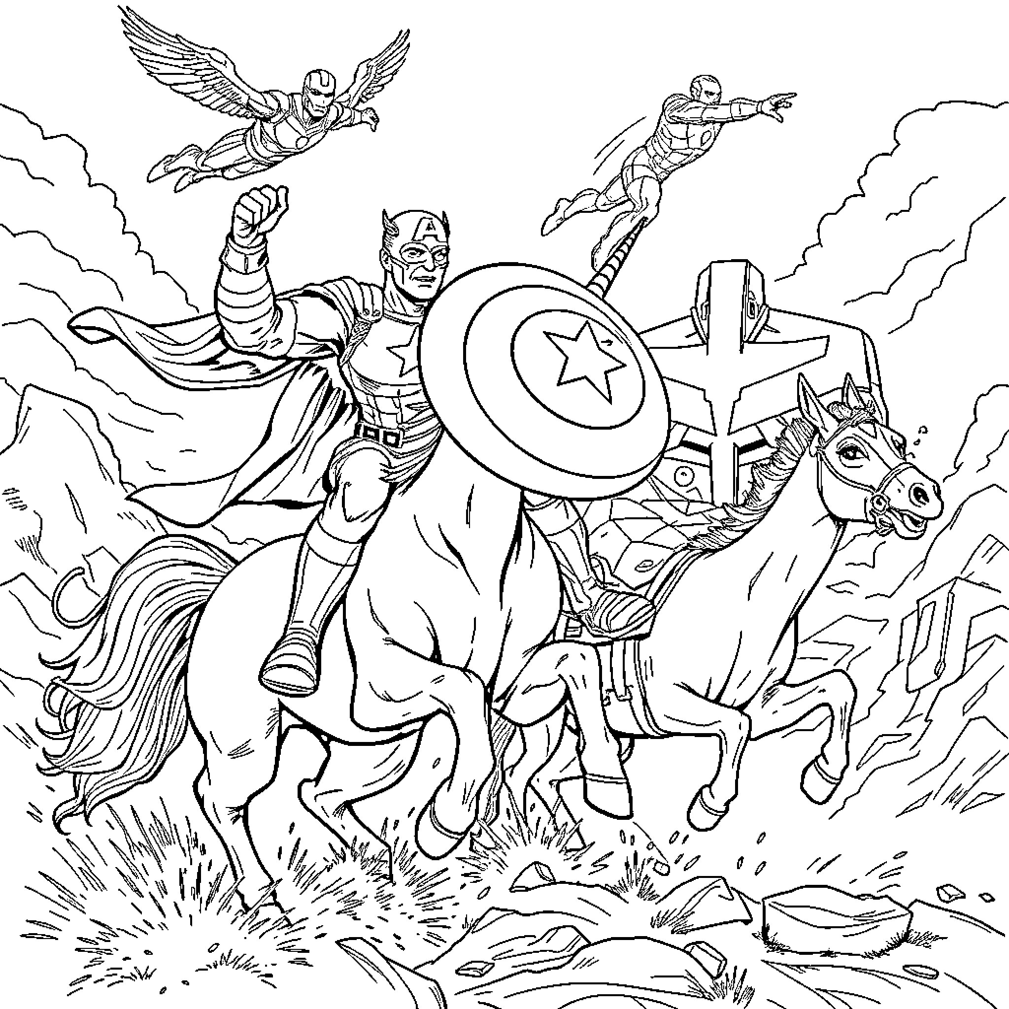 Captain America Leading a Heroic Charge on Horseback Coloring Page (free black-and-white line drawing printable PDF for all, from beginners to advanced learners, including children, teens, adults, and seniors)