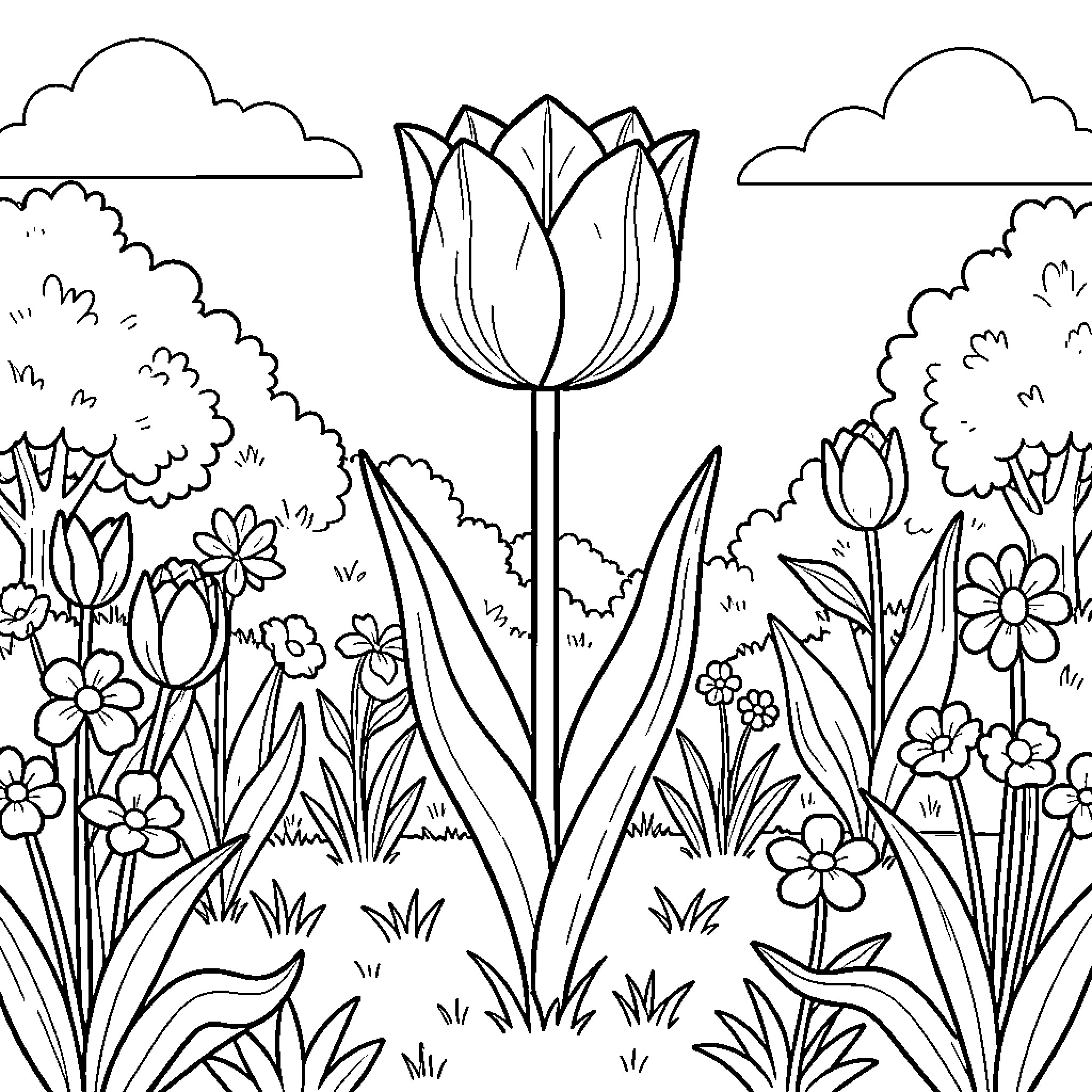 Tulip growing tall among various flowers and bushes Coloring Page (free black-and-white line drawing printable PDF for all, from beginners to advanced learners, including children, teens, adults, and seniors)