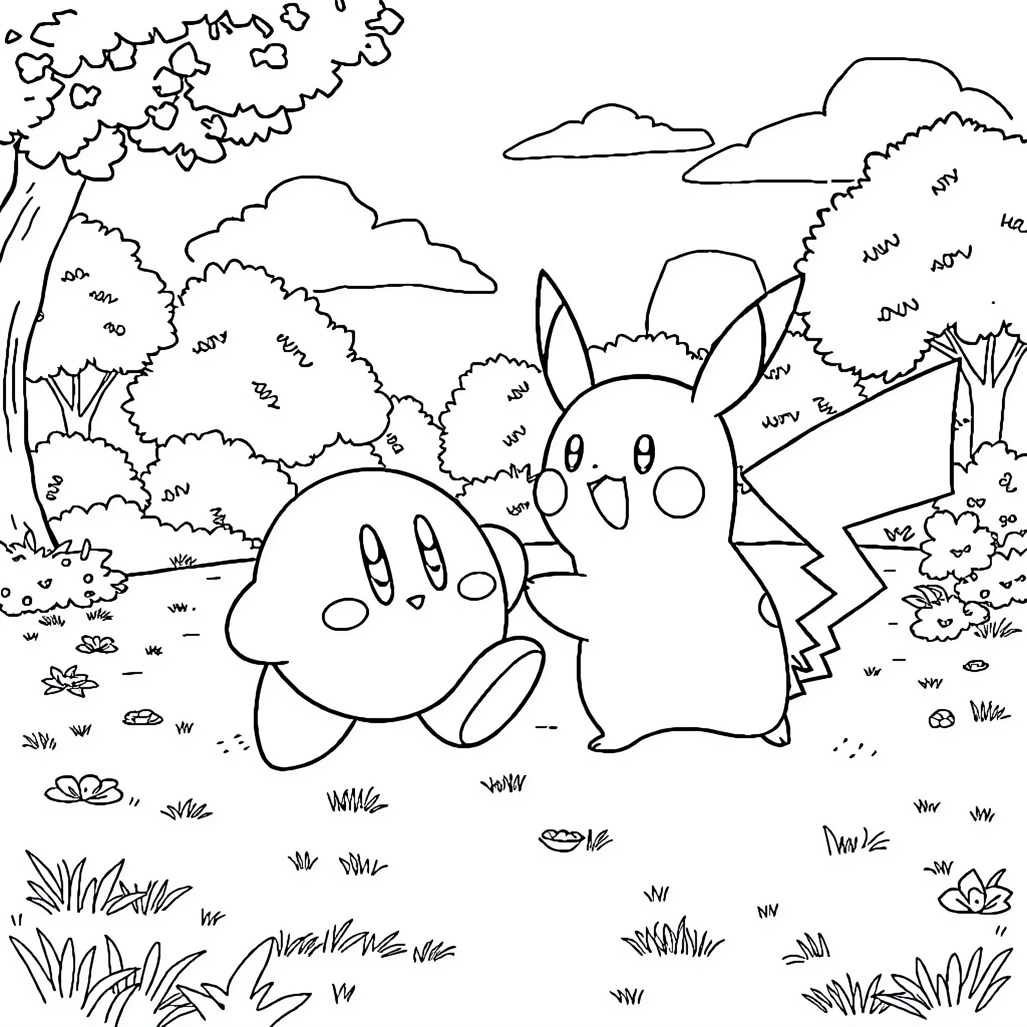 Kirby and Pikachu Exploring the Outdoors Coloring Page (free black-and-white line drawing printable PDF for all, from beginners to advanced learners, including children, teens, adults, and seniors)