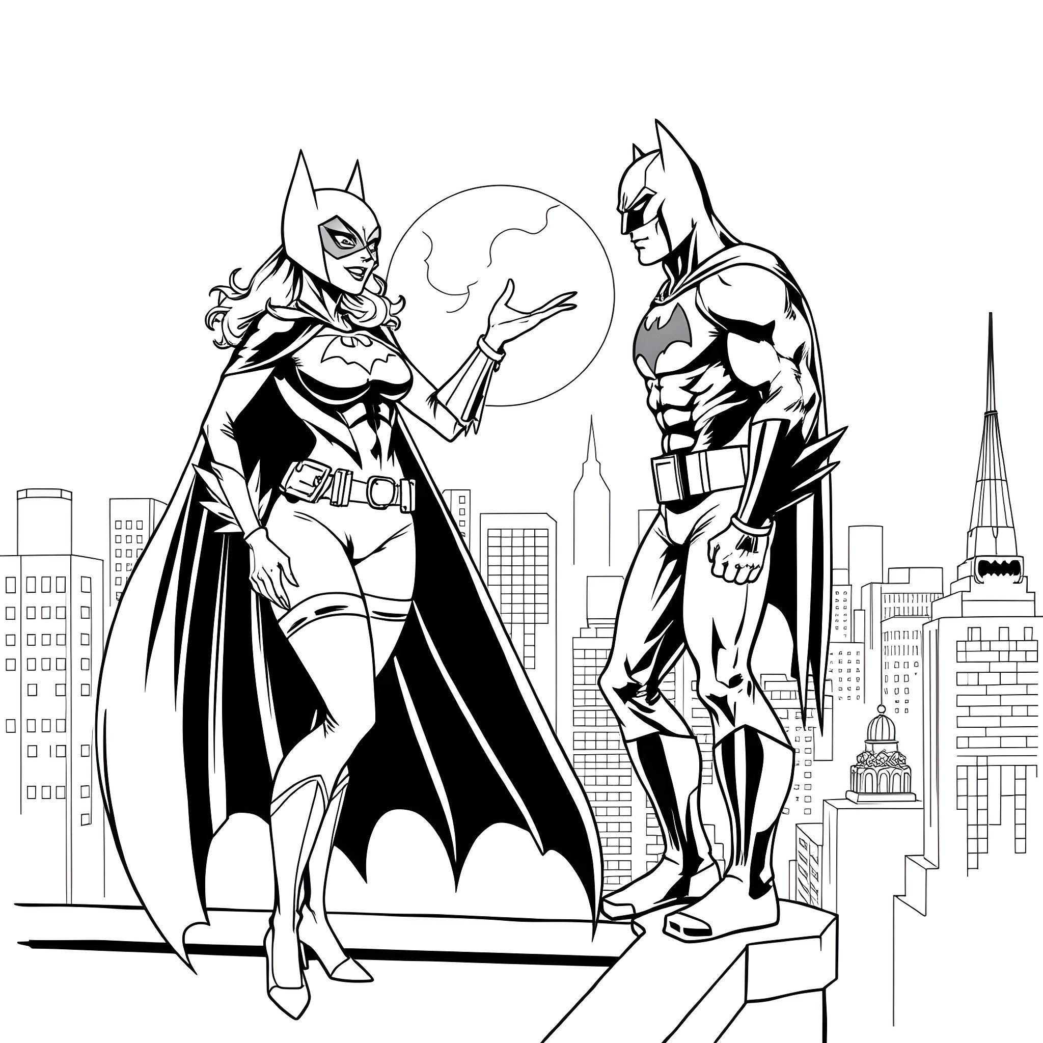 Batwoman and Batman facing the city at night Coloring Page (free black-and-white line drawing printable PDF for all, from beginners to advanced learners, including children, teens, adults, and seniors)
