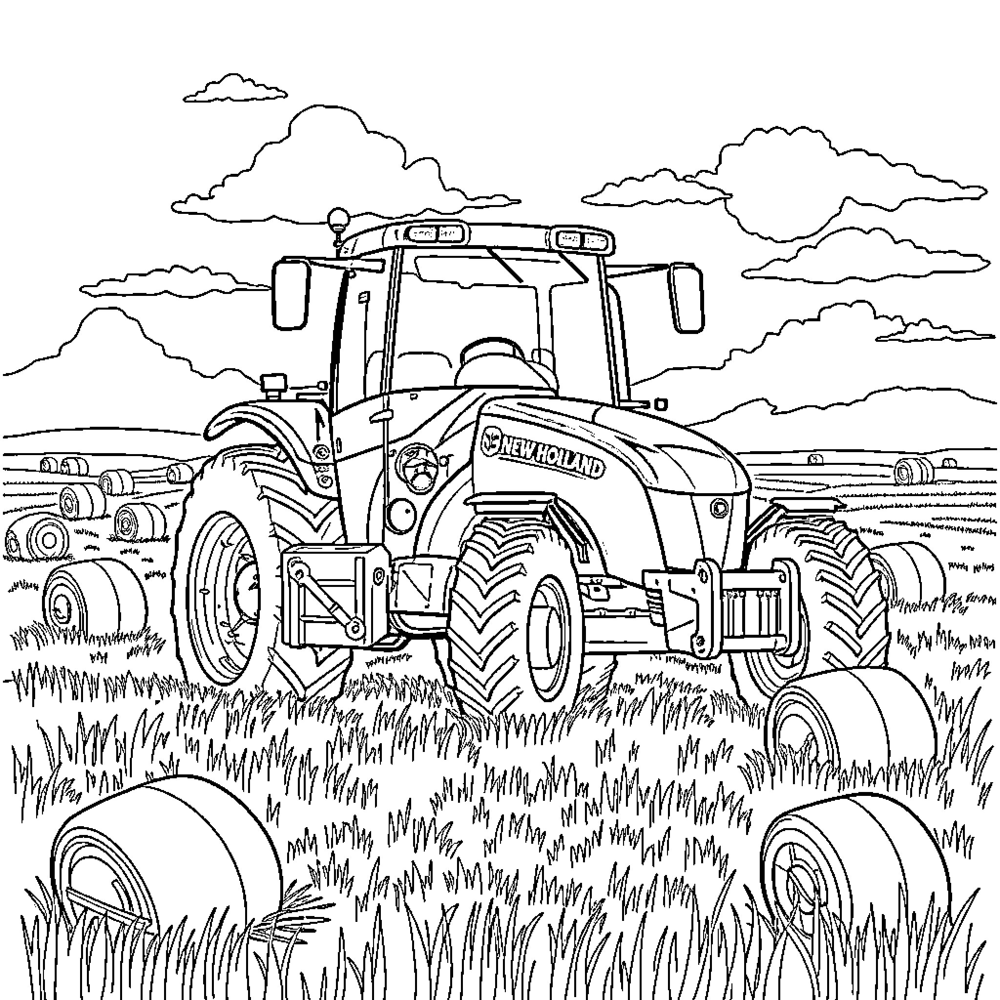 Tractor plowing through the fields with hay bales Coloring Page (free black-and-white line drawing printable PDF for all, from beginners to advanced learners, including children, teens, adults, and seniors)