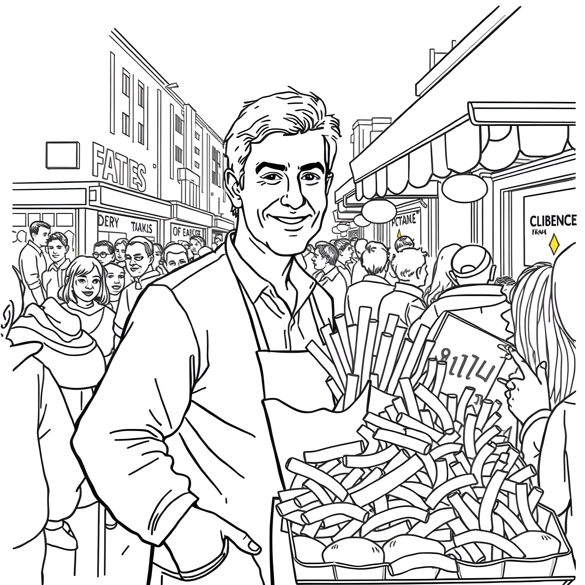 Gary Lineker enjoying street food in a crowded city Coloring Page (free black-and-white line drawing printable PDF for all, from beginners to advanced learners, including children, teens, adults, and seniors)