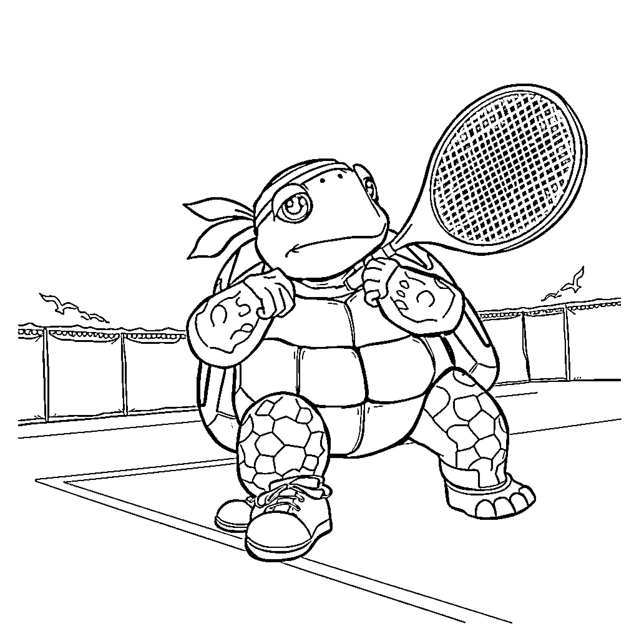 Turd playing tennis on the court Coloring Page (free black-and-white line drawing printable PDF for all, from beginners to advanced learners, including children, teens, adults, and seniors)