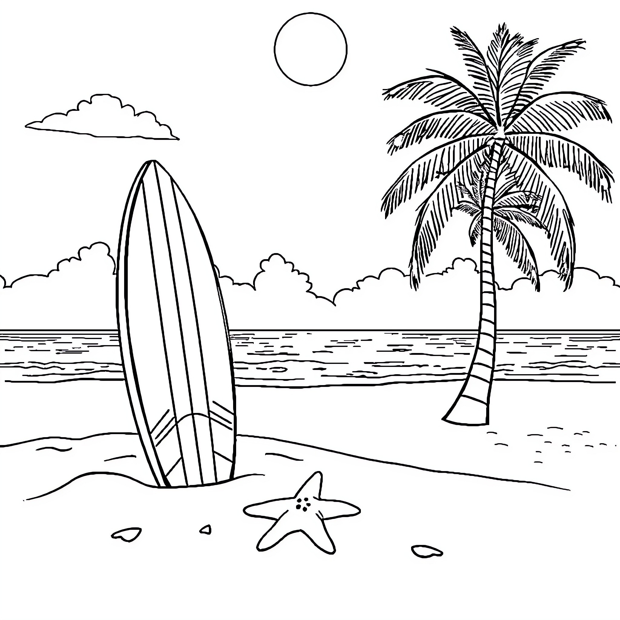 Beach scene with surfboard, palm tree, and starfish Coloring Page (free black-and-white line drawing printable PDF for all, from beginners to advanced learners, including children, teens, adults, and seniors)
