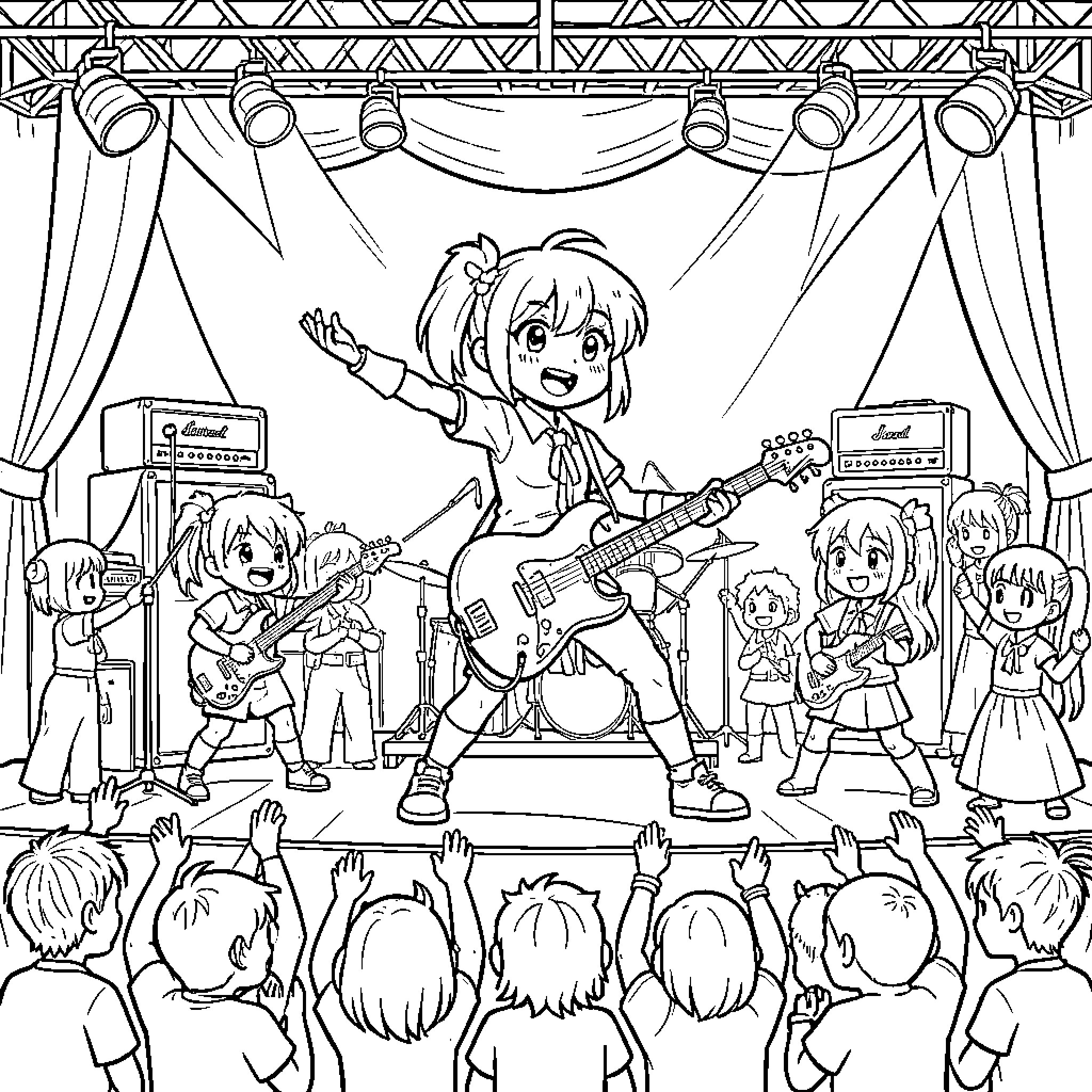 Katseye members performing an energetic concert on stage Coloring Page (free black-and-white line drawing printable PDF for all, from beginners to advanced learners, including children, teens, adults, and seniors)