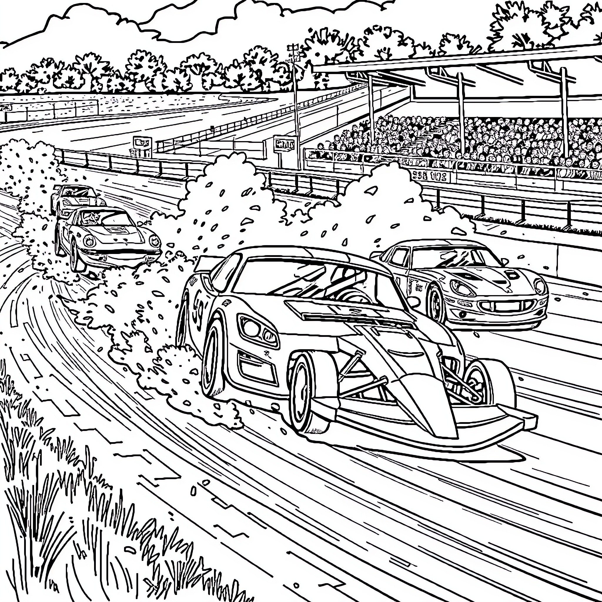 Stock Car Racing on Winding Track Coloring Page (free black-and-white line drawing printable PDF for all, from beginners to advanced learners, including children, teens, adults, and seniors)