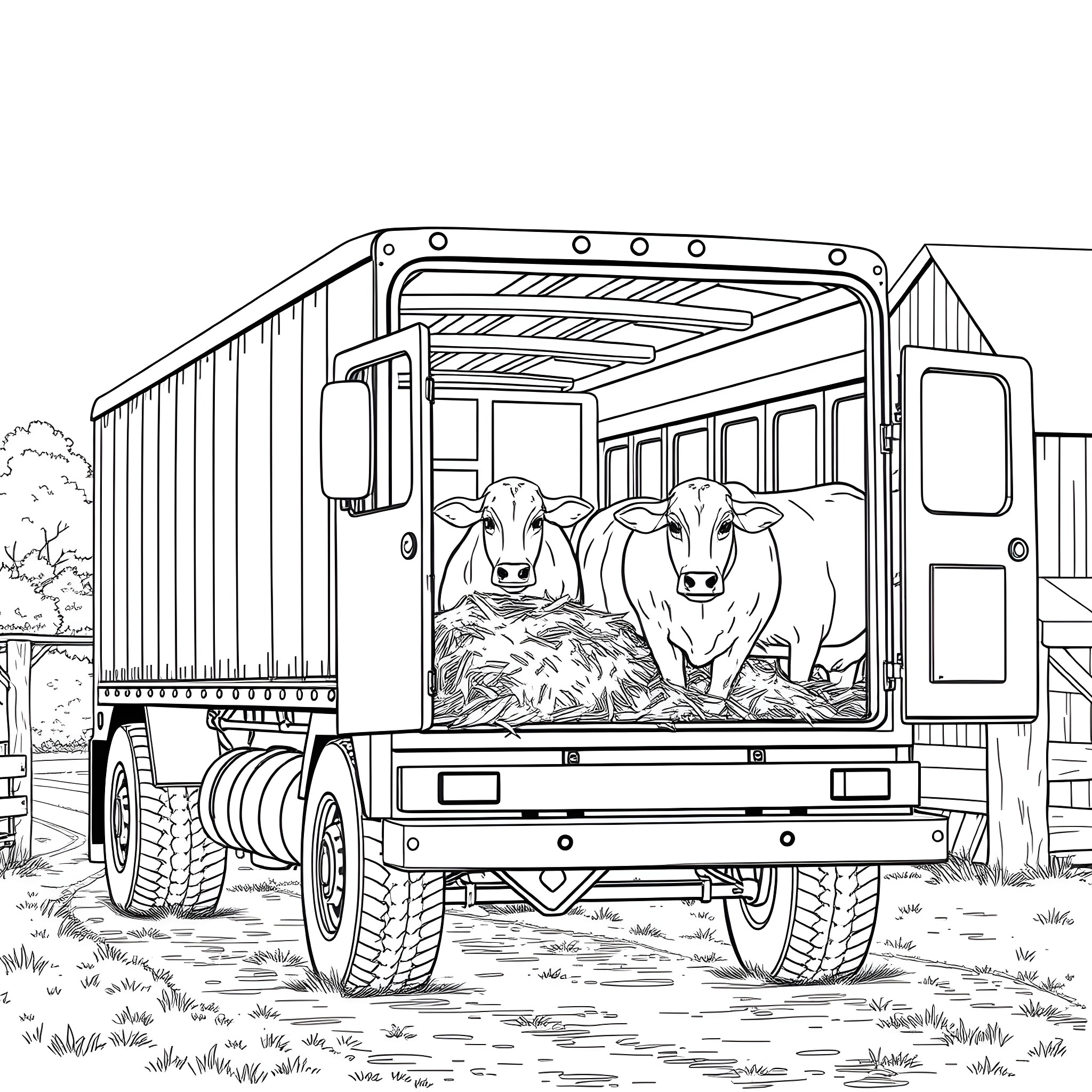 Cattle Truck Transporting Cows in the Countryside Coloring Page (free black-and-white line drawing printable PDF for all, from beginners to advanced learners, including children, teens, adults, and seniors)