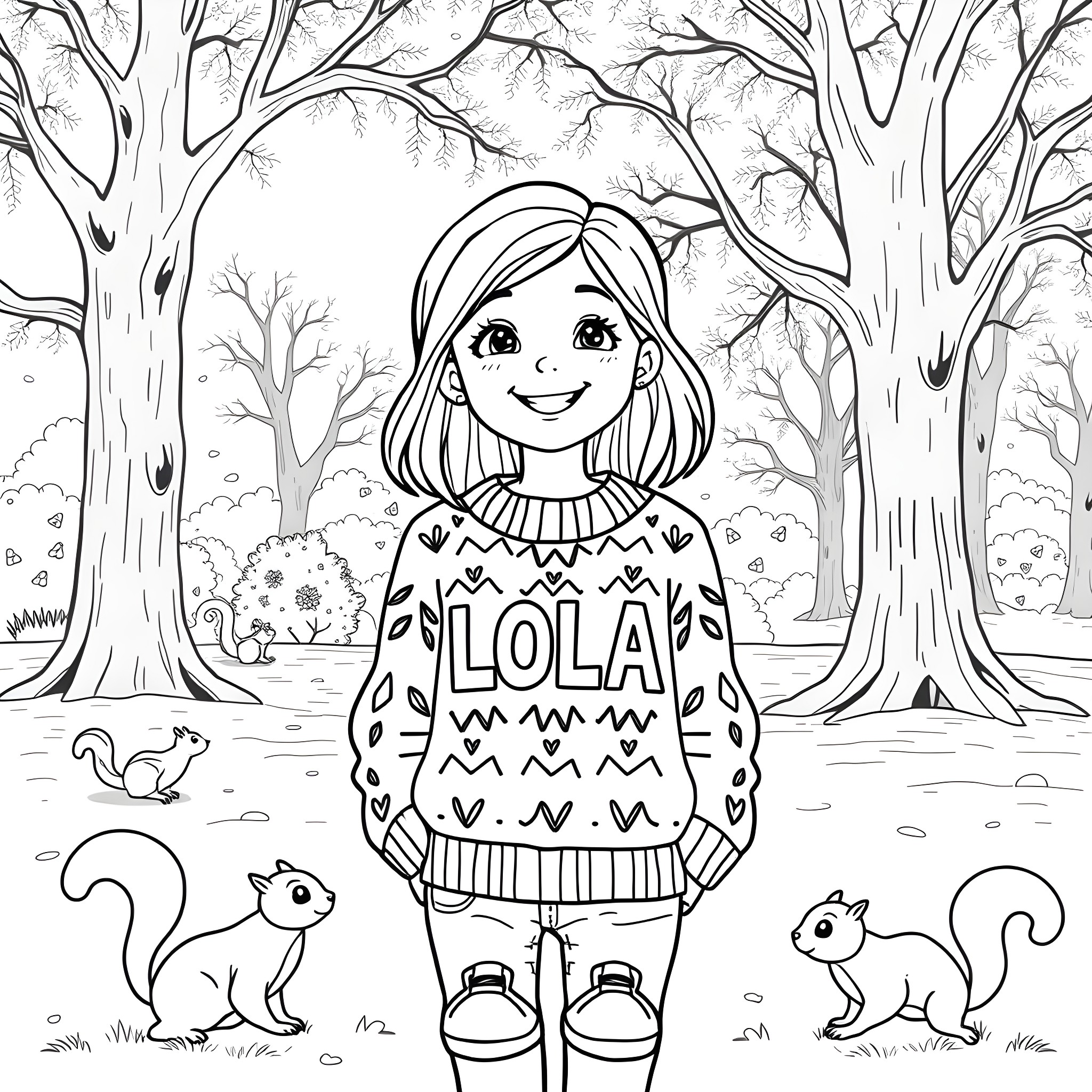 Girl in colorful sweater playing in the forest Coloring Page (free black-and-white line drawing printable PDF for all, from beginners to advanced learners, including children, teens, adults, and seniors)