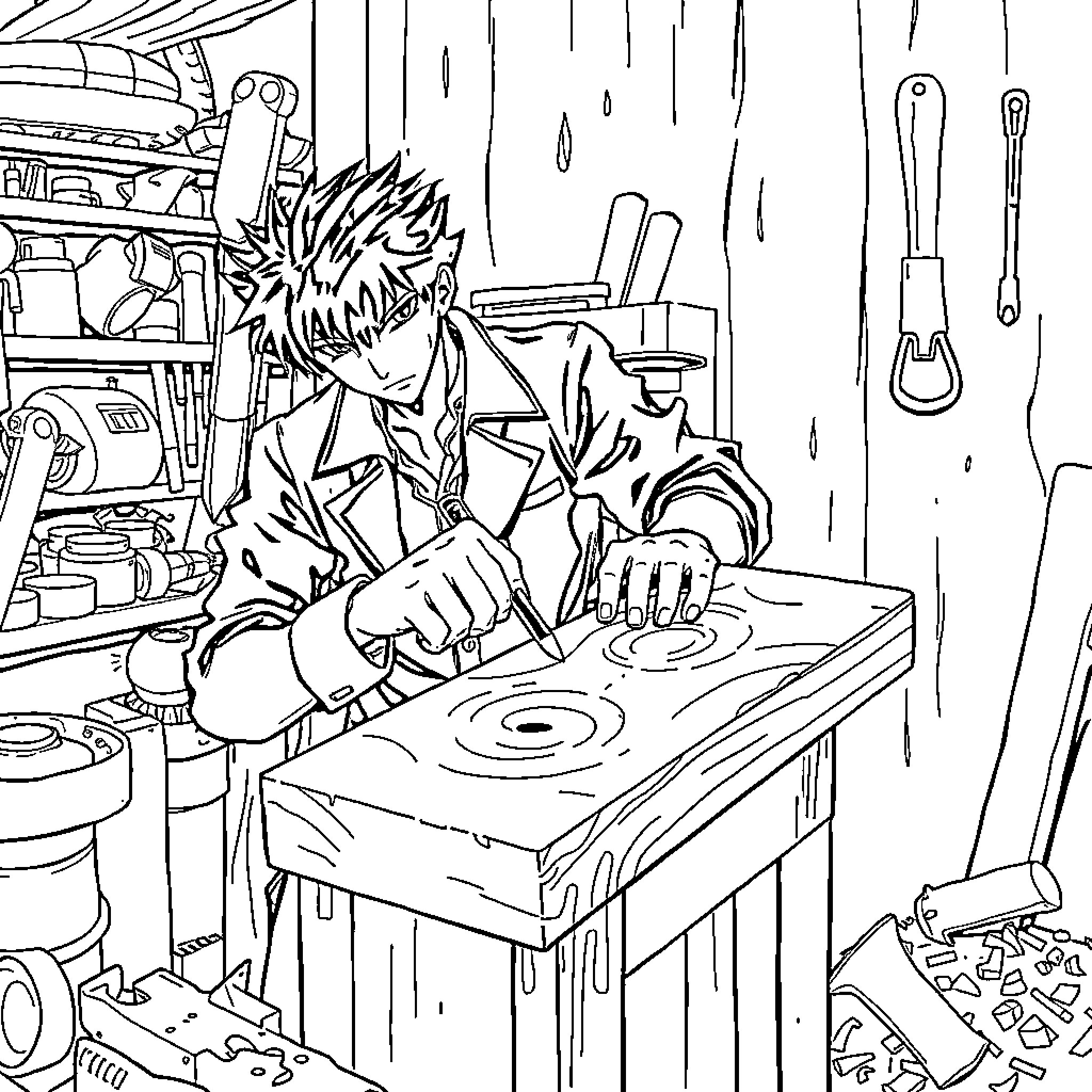 Seto Kaiba hard at work in his workshop Coloring Page (free black-and-white line drawing printable PDF for all, from beginners to advanced learners, including children, teens, adults, and seniors)