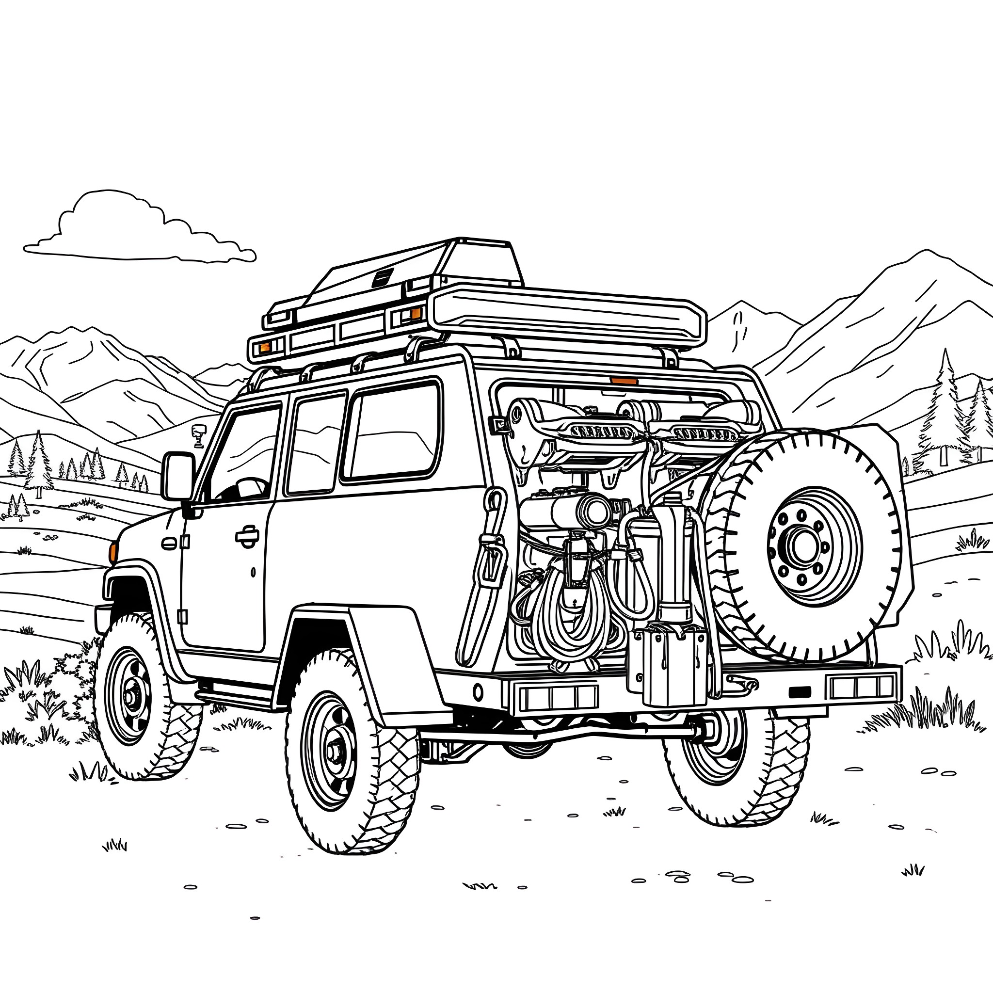Car Trailer Loaded with Adventure Gear in the Mountains Coloring Page (free black-and-white line drawing printable PDF for all, from beginners to advanced learners, including children, teens, adults, and seniors)