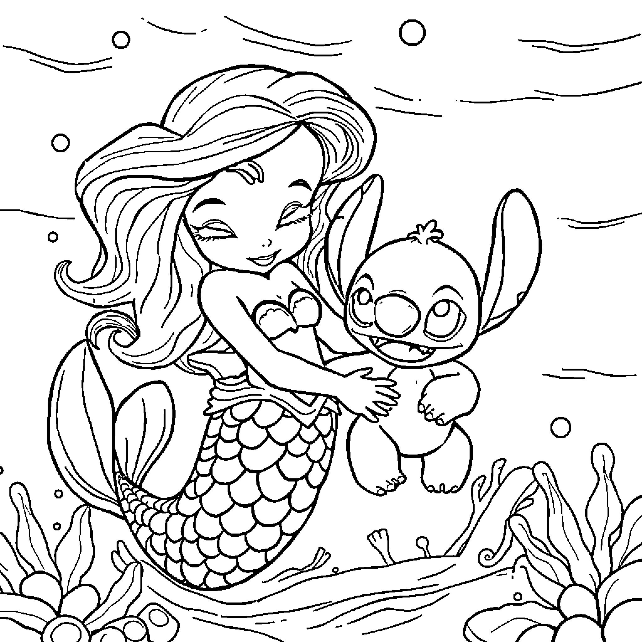 Mermaid and her Cute Companion Exploring the Undersea Coloring Page (free black-and-white line drawing printable PDF for all, from beginners to advanced learners, including children, teens, adults, and seniors)