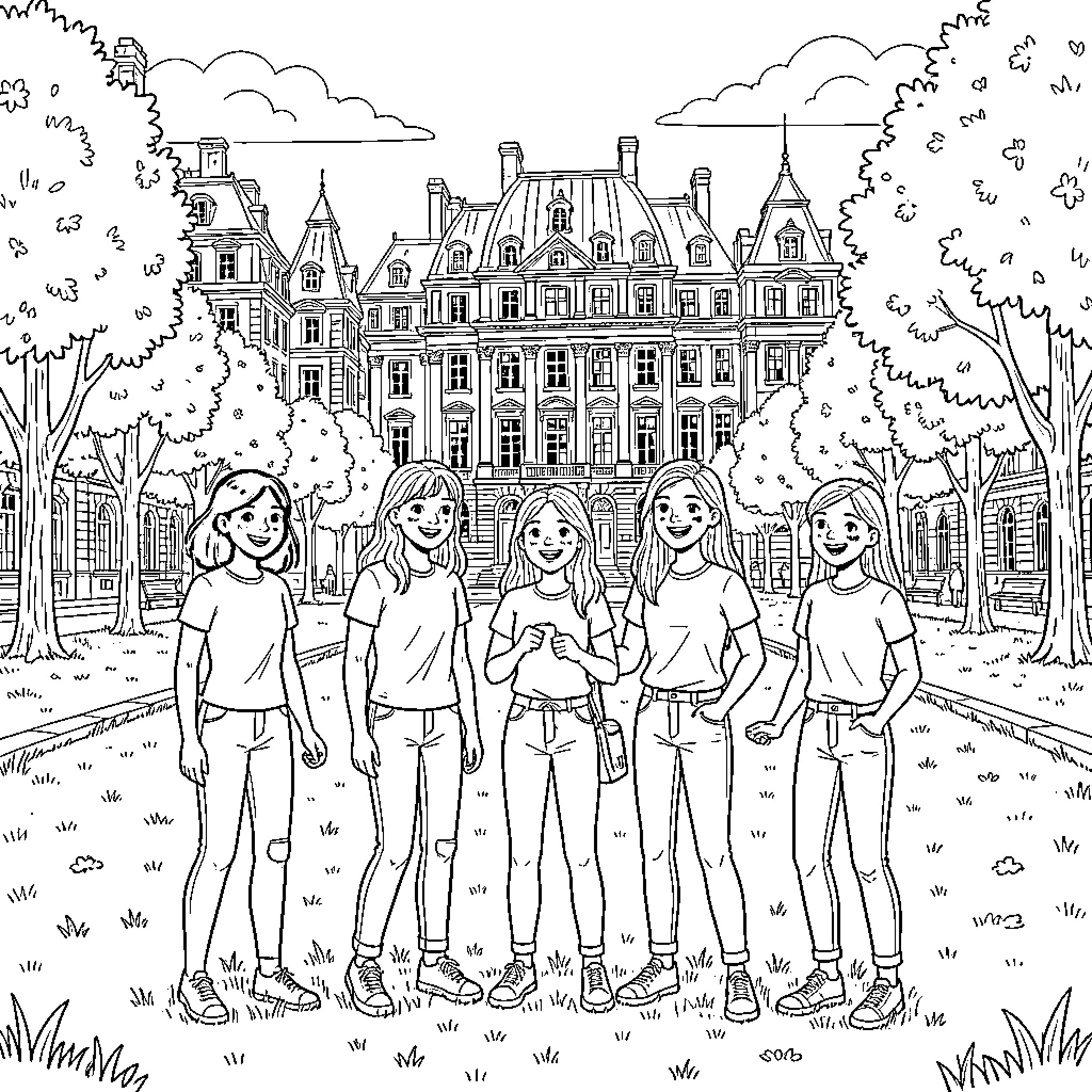 Adolescentes explorando cidade histórica Coloring Page (free black-and-white line drawing printable PDF for all, from beginners to advanced learners, including children, teens, adults, and seniors)