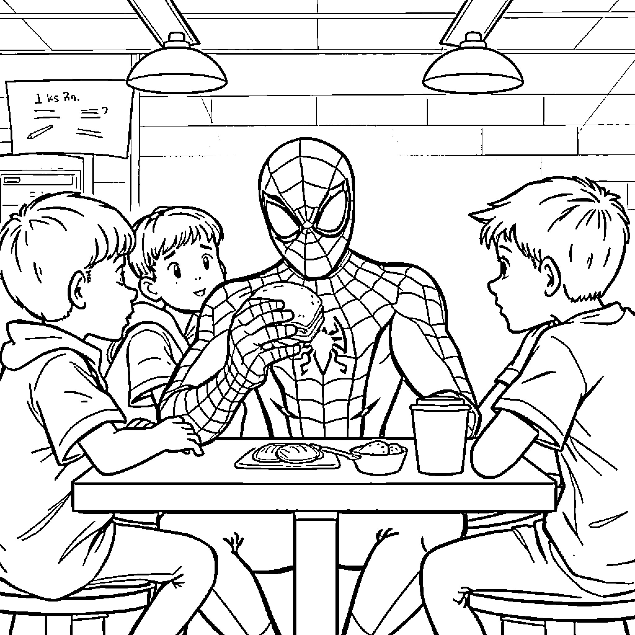 Spiderman Meets Young Fans at a Diner Coloring Page (free black-and-white line drawing printable PDF for all, from beginners to advanced learners, including children, teens, adults, and seniors)