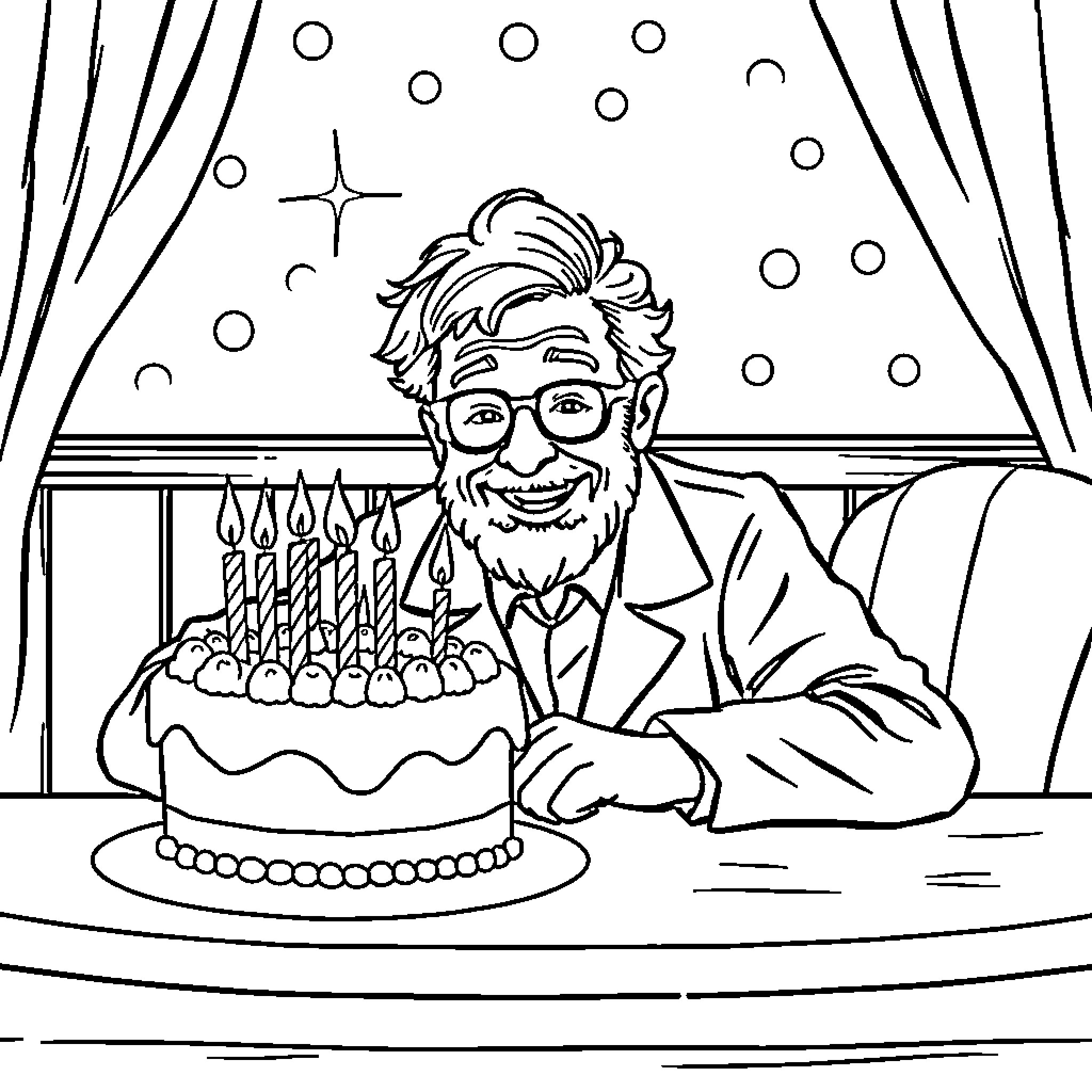Physicist celebrating birthday with cake and confetti Coloring Page (free black-and-white line drawing printable PDF for all, from beginners to advanced learners, including children, teens, adults, and seniors)