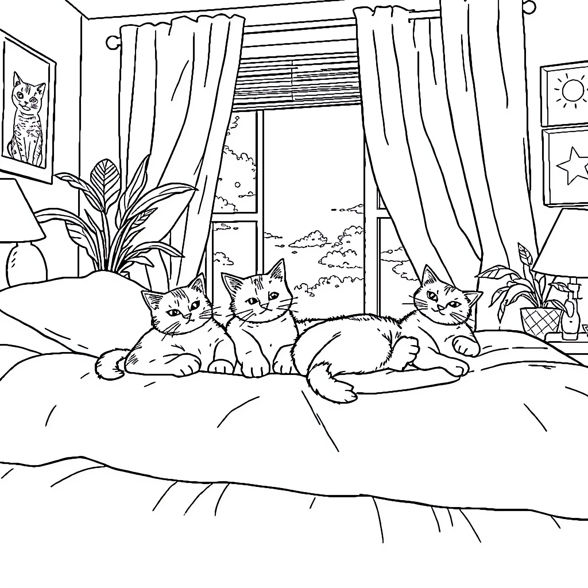 Cats lounging peacefully in the cozy indoor setting Coloring Page (free black-and-white line drawing printable PDF for all, from beginners to advanced learners, including children, teens, adults, and seniors)