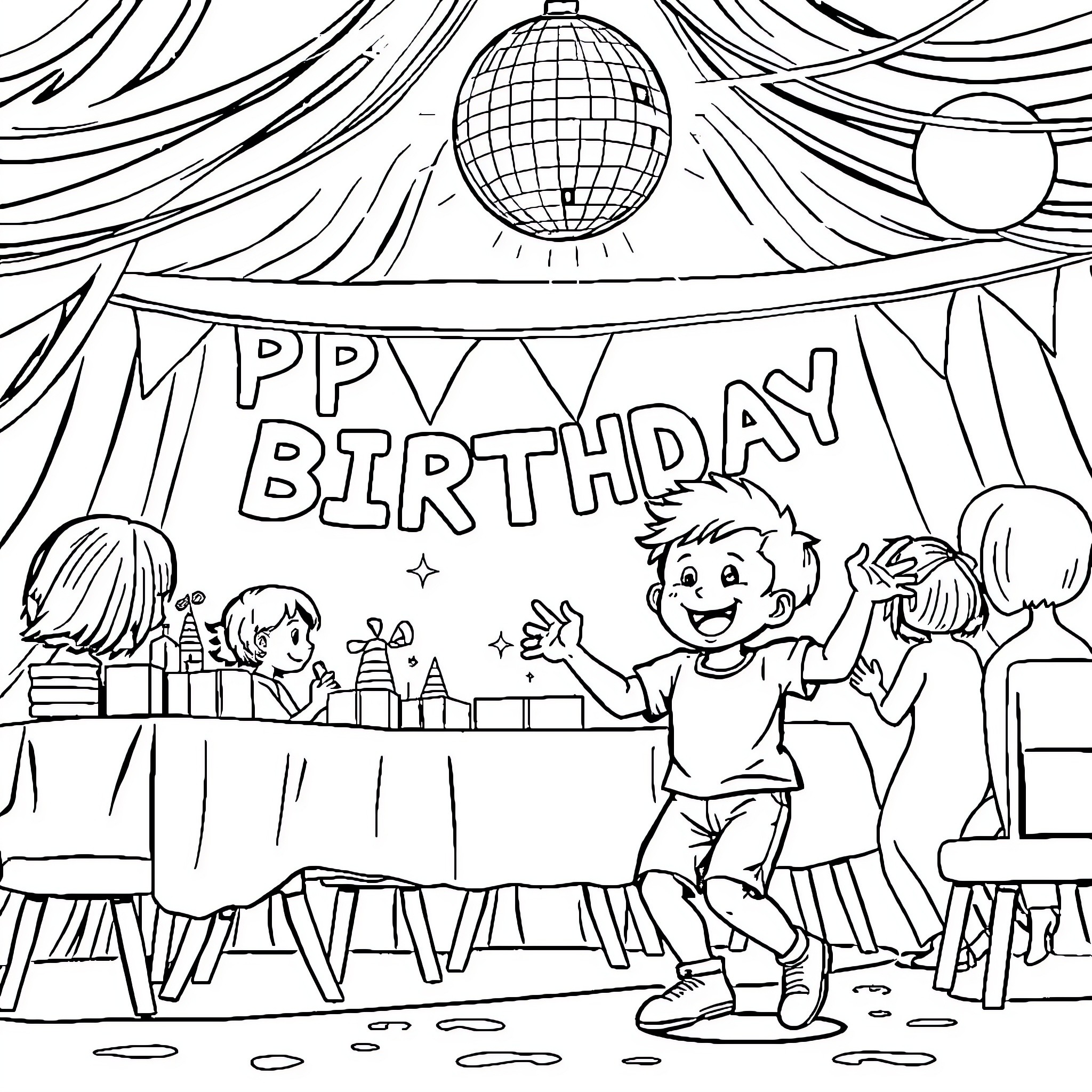 Kid celebrating a birthday party with friends Coloring Page (free black-and-white line drawing printable PDF for all, from beginners to advanced learners, including children, teens, adults, and seniors)