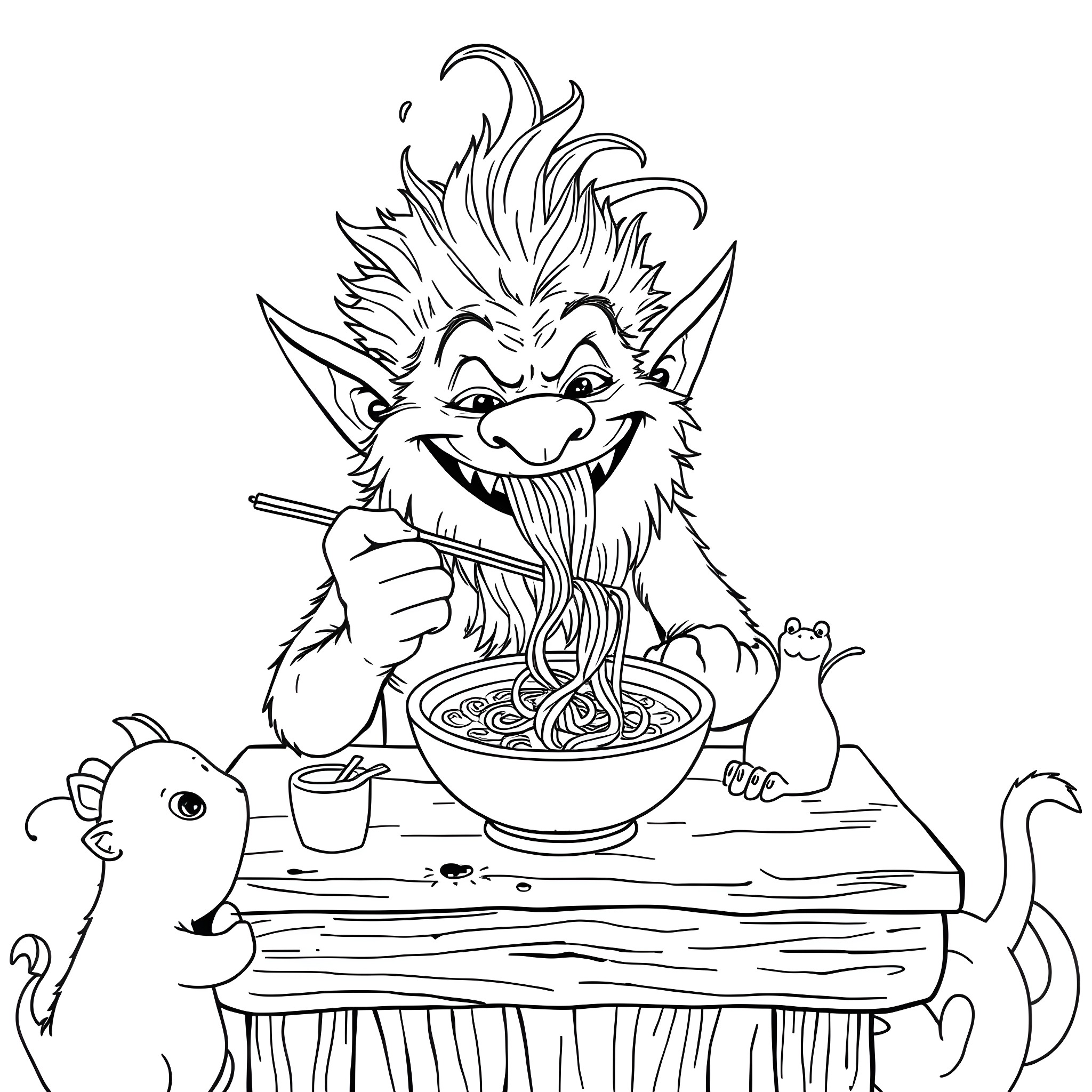 Troll enjoying a hearty meal with mischievous companions Coloring Page (free black-and-white line drawing printable PDF for all, from beginners to advanced learners, including children, teens, adults, and seniors)