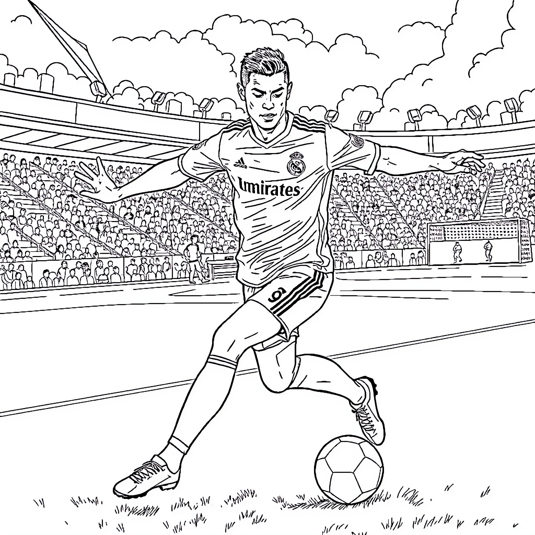 Cristiano Ronaldo running with ball on soccer field Coloring Page (free black-and-white line drawing printable PDF for all, from beginners to advanced learners, including children, teens, adults, and seniors)