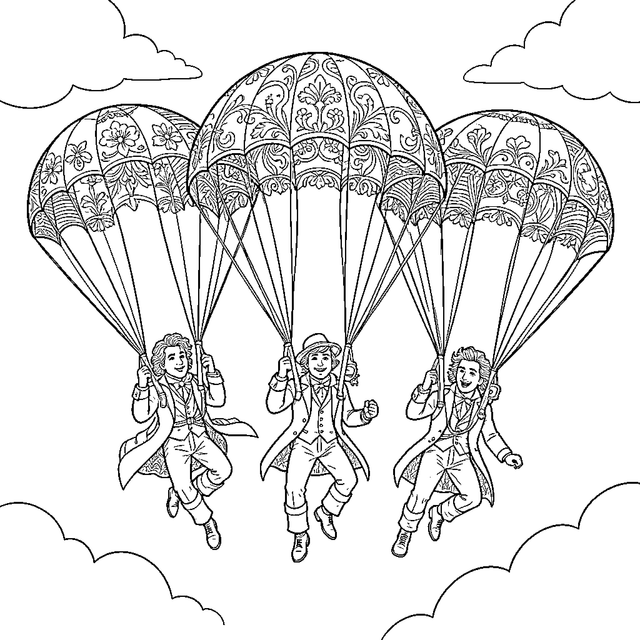 Baudelaire orphans paragliding through the clouds Coloring Page (free black-and-white line drawing printable PDF for all, from beginners to advanced learners, including children, teens, adults, and seniors)