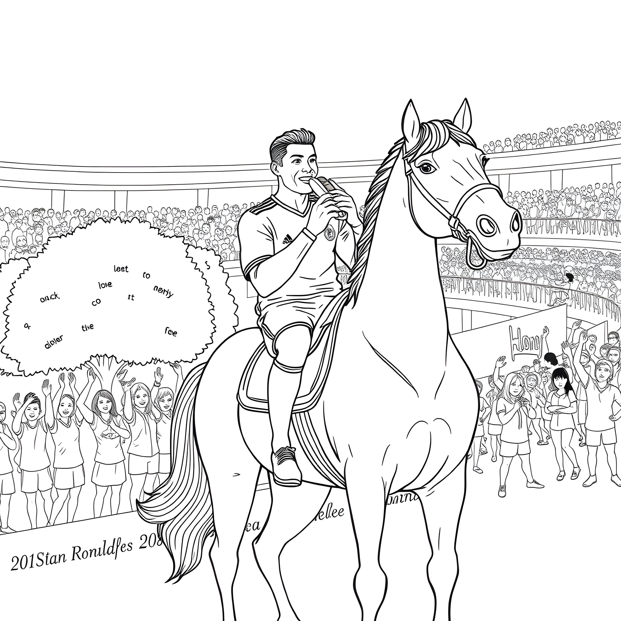 Cristiano Ronaldo Riding a Horse in a Stadium Coloring Page (free black-and-white line drawing printable PDF for all, from beginners to advanced learners, including children, teens, adults, and seniors)