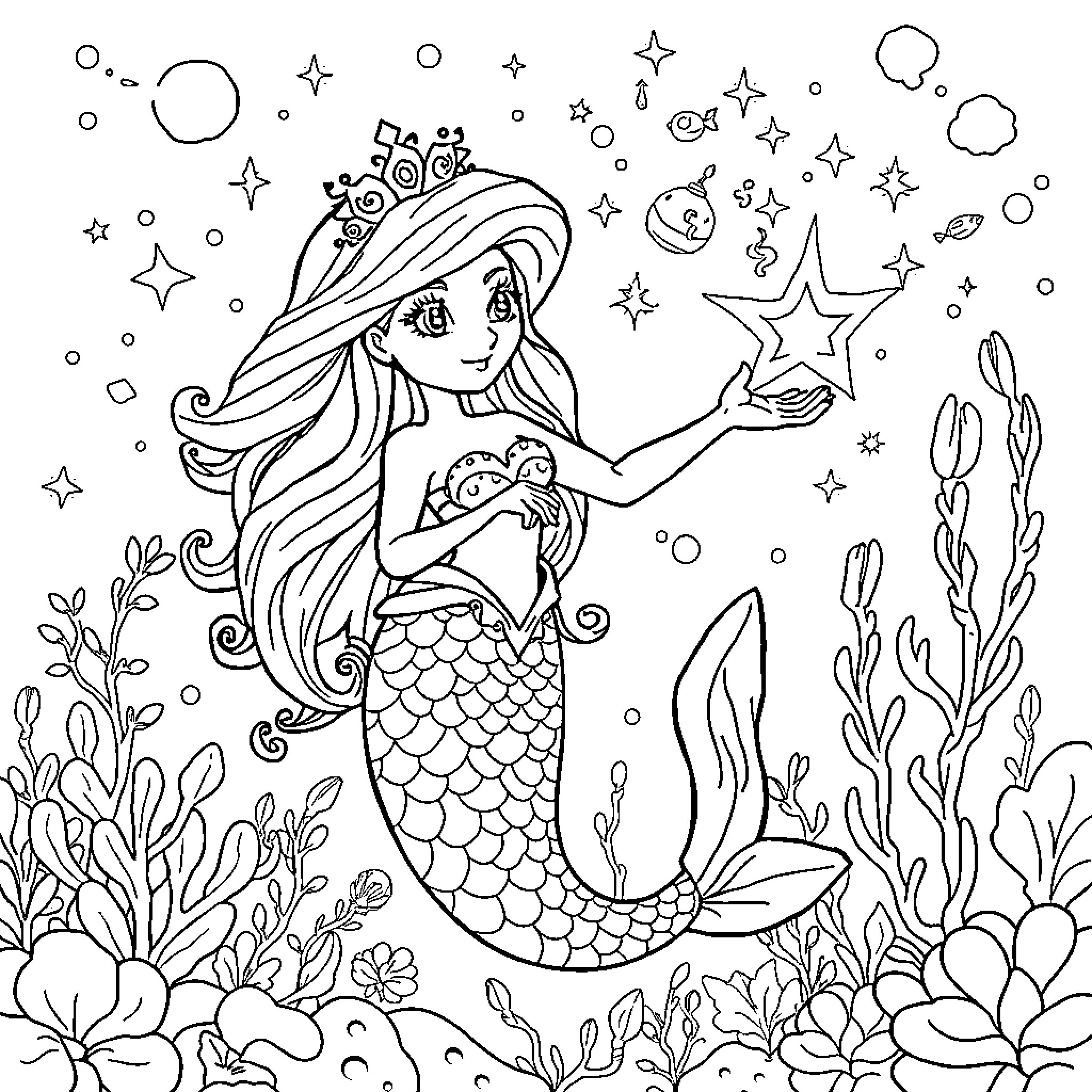 Mermaid holding a glowing star in the underwater garden Coloring Page (free black-and-white line drawing printable PDF for all, from beginners to advanced learners, including children, teens, adults, and seniors)