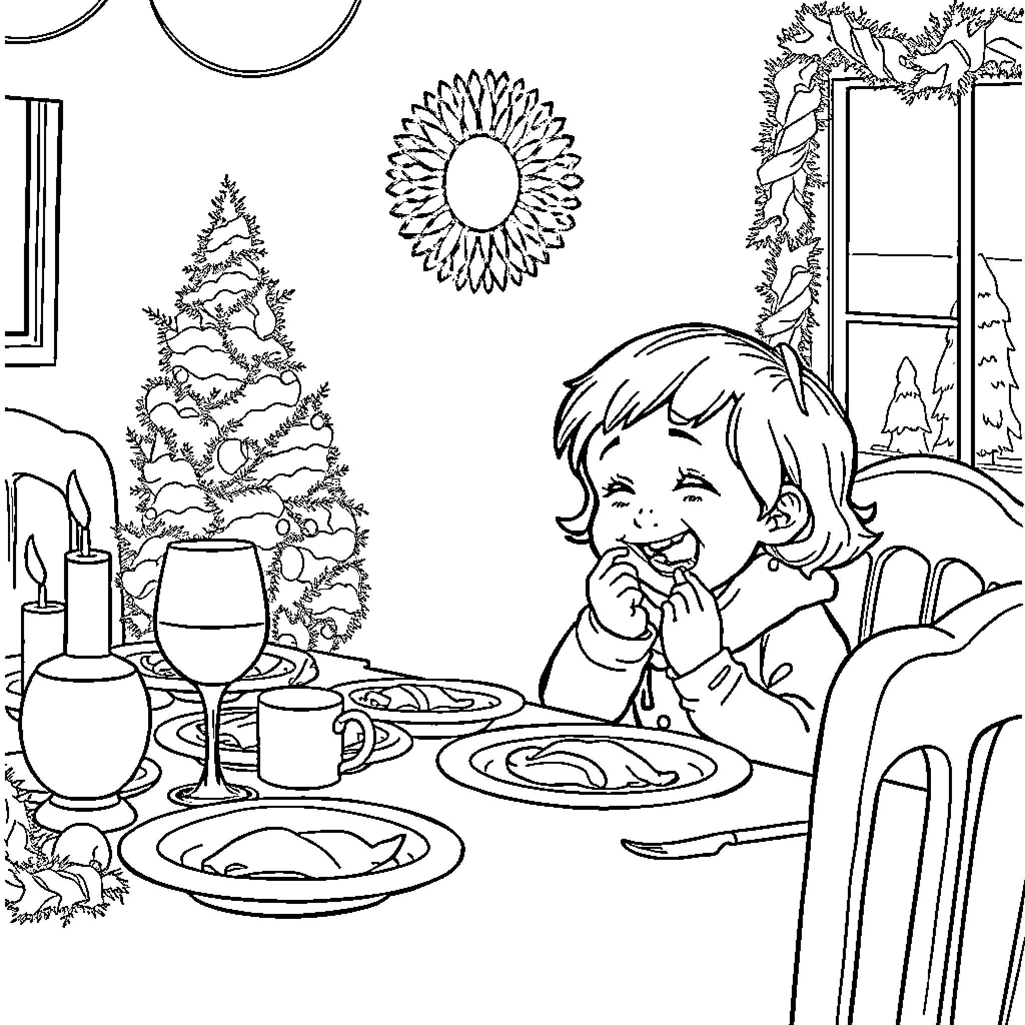 Sister's Christmas Delight with Family and Festive Decor Coloring Page (free black-and-white line drawing printable PDF for all, from beginners to advanced learners, including children, teens, adults, and seniors)