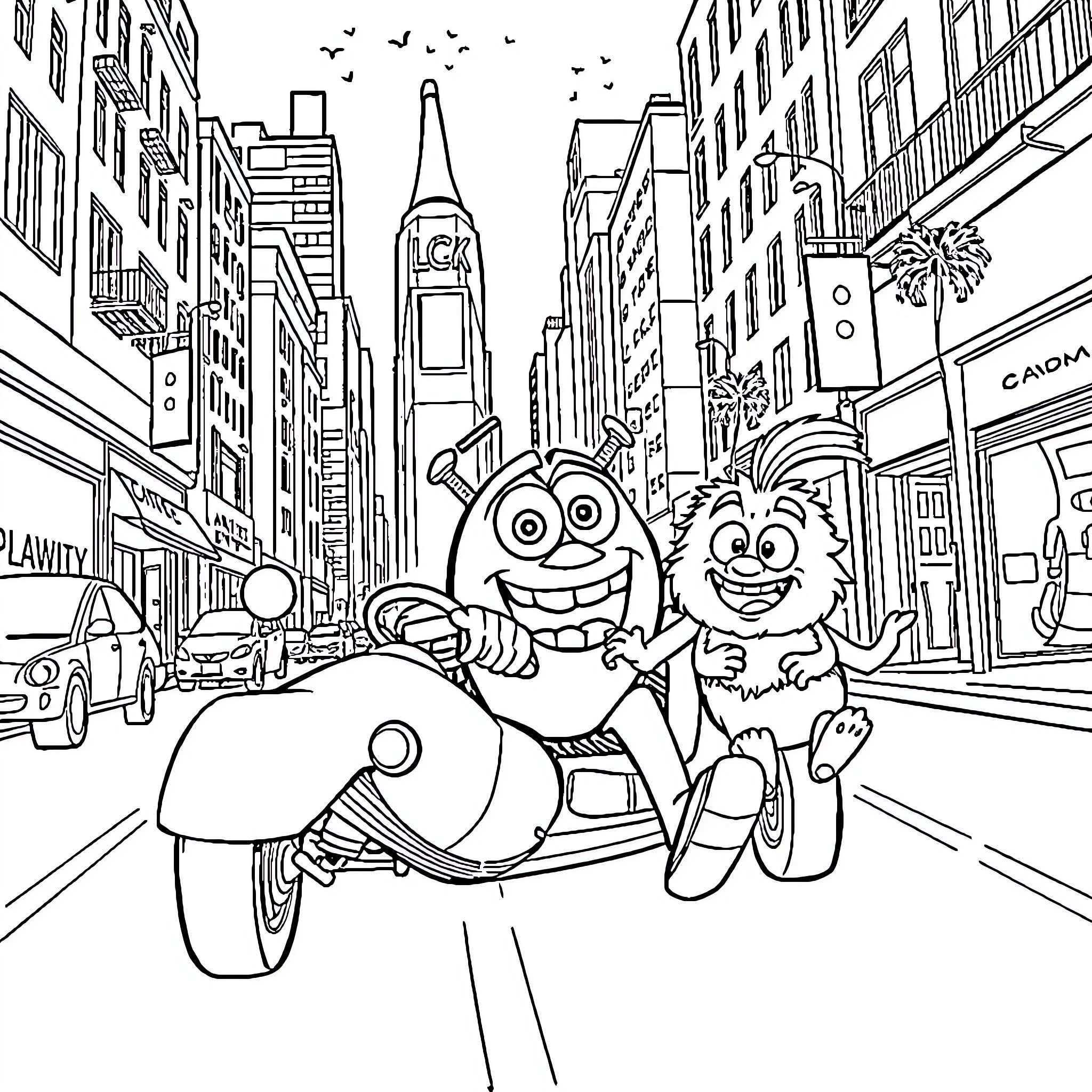 Mike Wazowski's Fun-Filled Adventure in the City Coloring Page (free black-and-white line drawing printable PDF for all, from beginners to advanced learners, including children, teens, adults, and seniors)