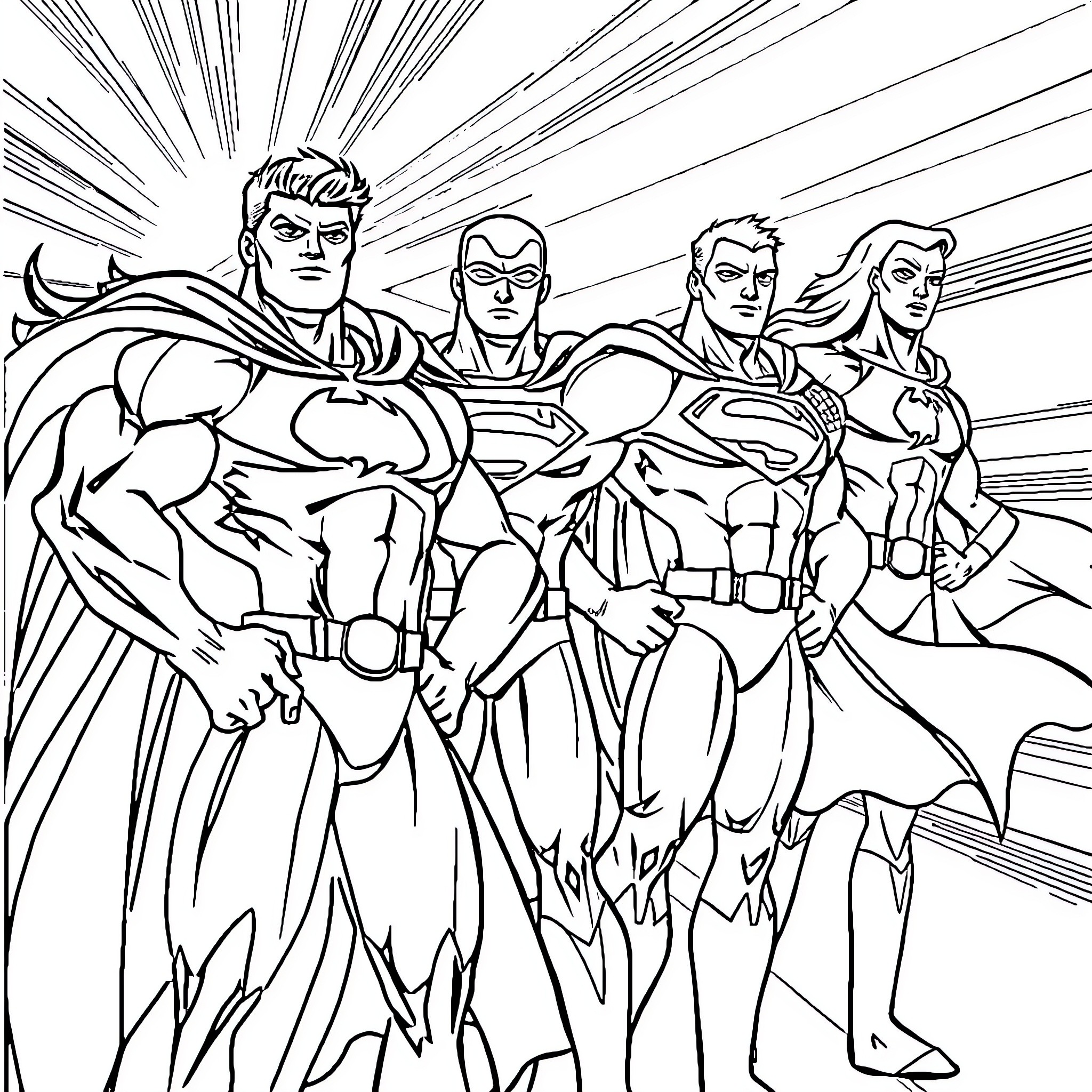 Superhero Team Assembles for Action Coloring Page (free black-and-white line drawing printable PDF for all, from beginners to advanced learners, including children, teens, adults, and seniors)