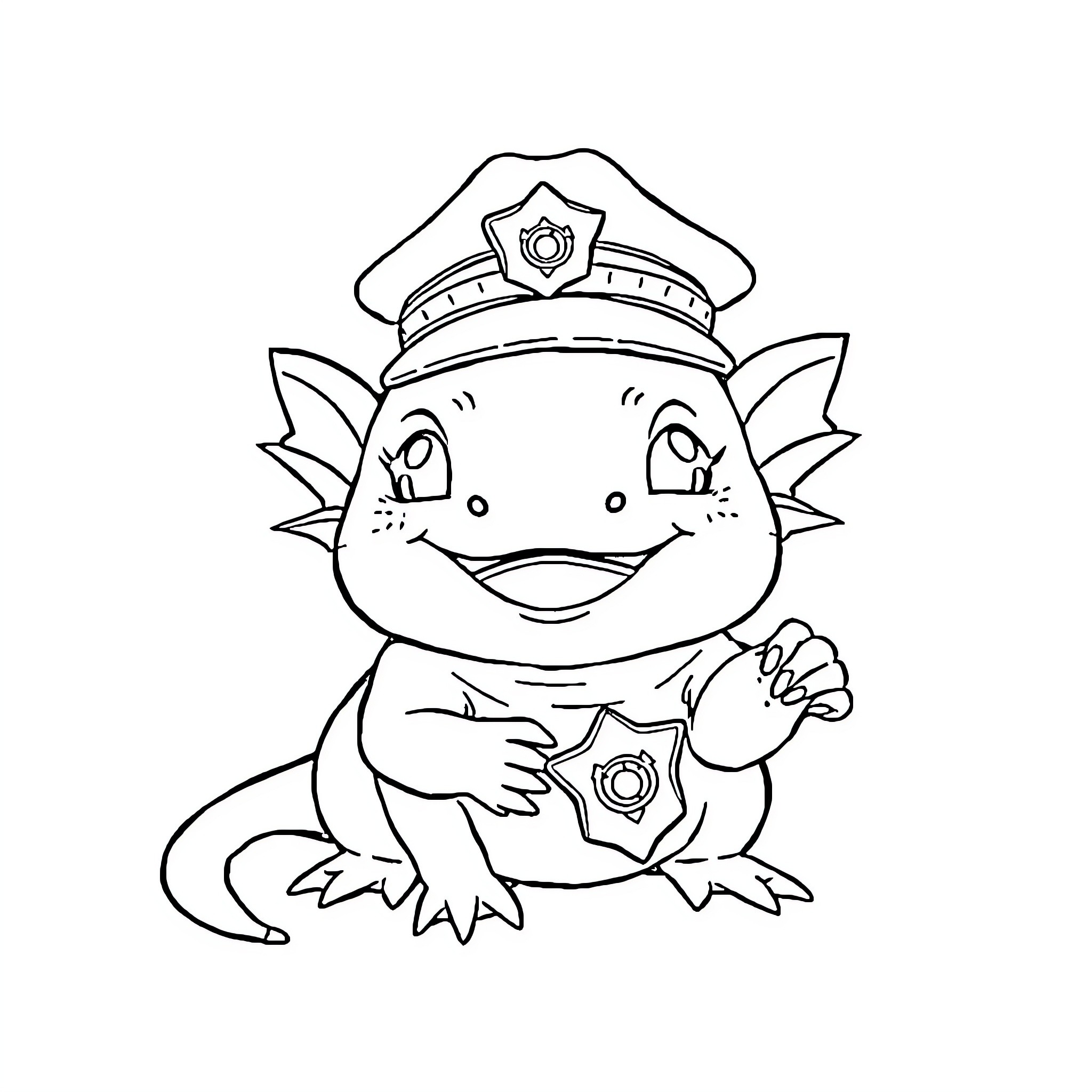 Axolotl wearing a police officer hat Coloring Page (free black-and-white line drawing printable PDF for all, from beginners to advanced learners, including children, teens, adults, and seniors)