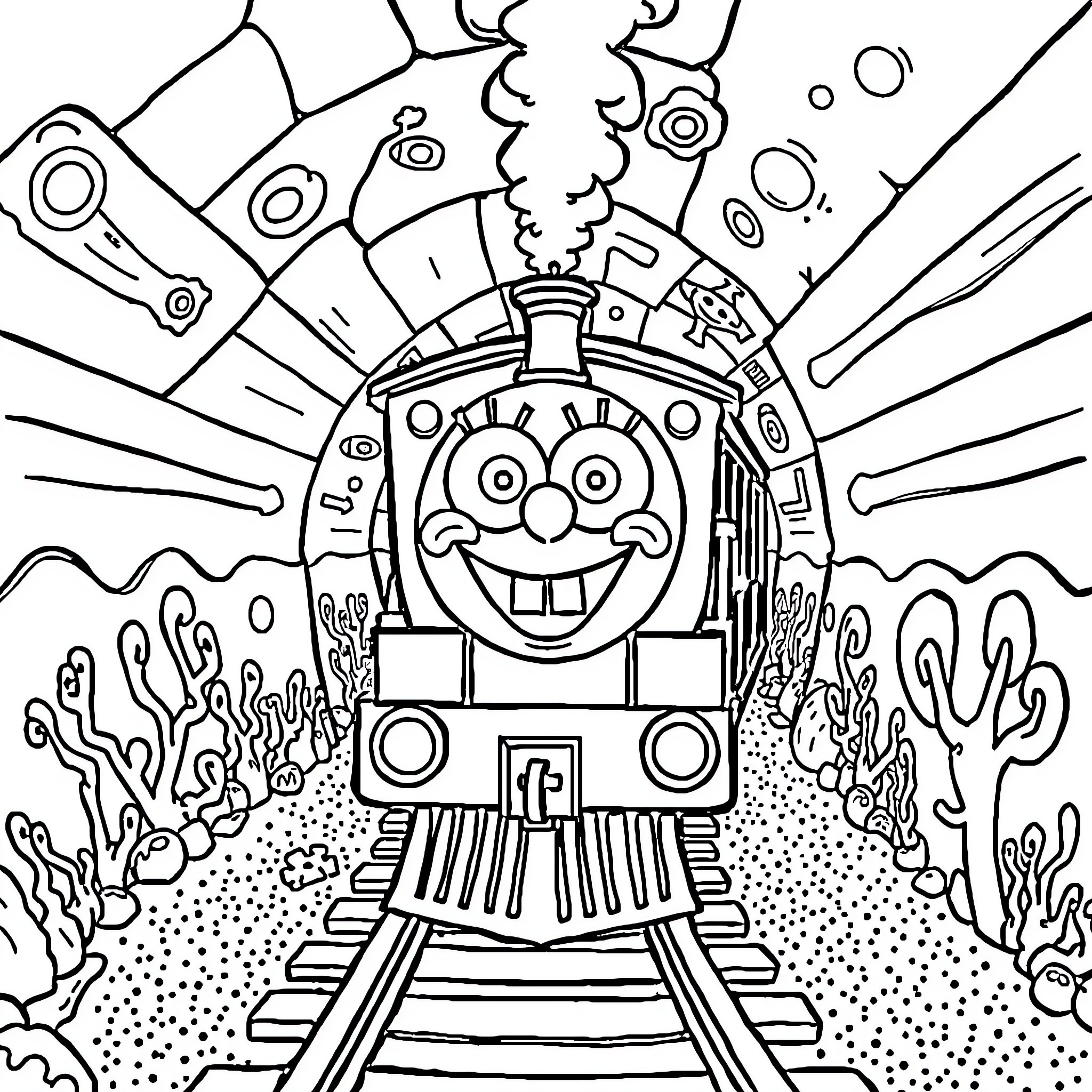 Gordon's Joyful Train Ride Through the Whimsical Landscape Coloring Page (free black-and-white line drawing printable PDF for all, from beginners to advanced learners, including children, teens, adults, and seniors)